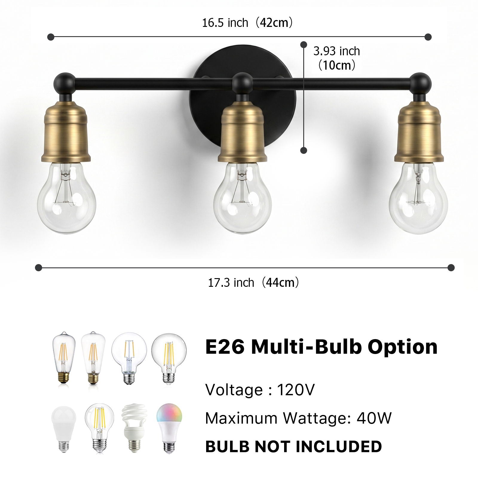 3 Light Wall Sconce, Vanity Light, No Bulbs Included - Black / Gold