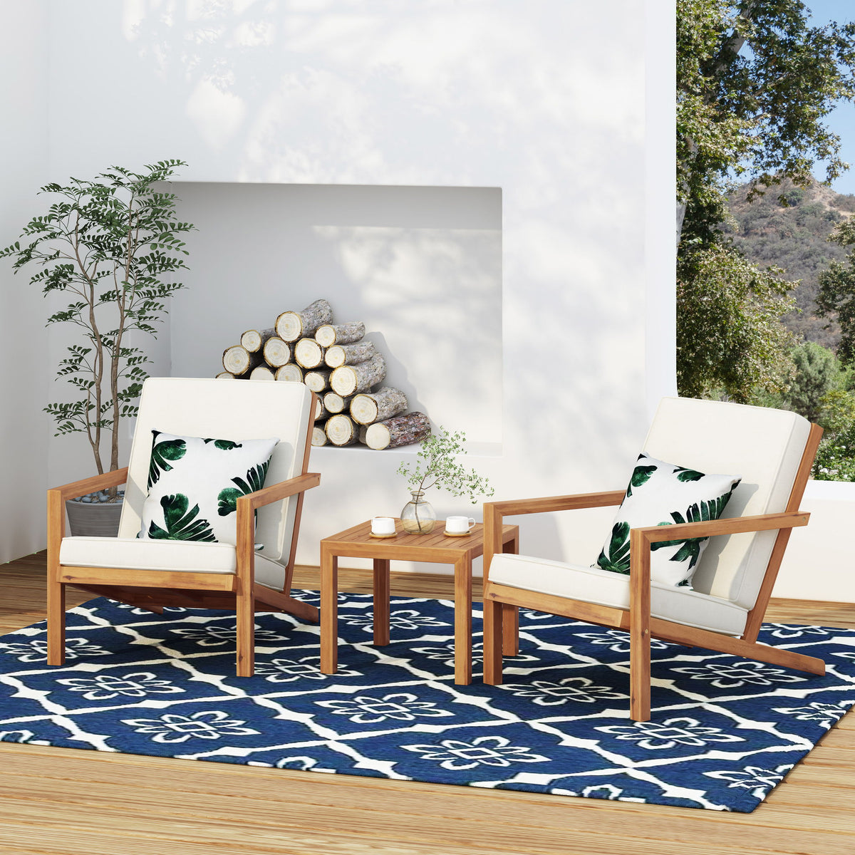 3 Piece Outdoor Chat Set With Table And 2 Adirondack Chairs - White / Brown Patina