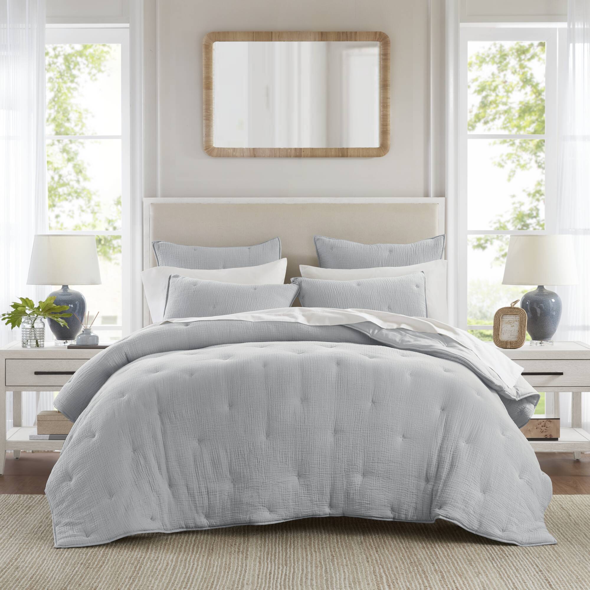 Breeze - King Cotton Gauze Embroidered Quilt Set - Blue