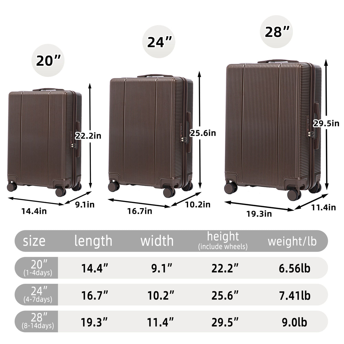 20" / 24" / 28" 3 Pieces / Set Spinner Wheel Luggage, Carry On Suitcase, Matching Color, TSA Combination Lock