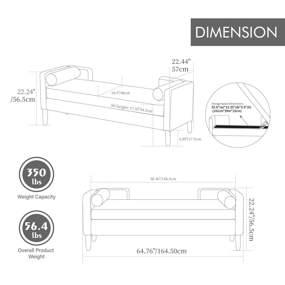 Upholstered Flip Top Storage Bench, Armrests & Backrest For Bedroom - Charcoal