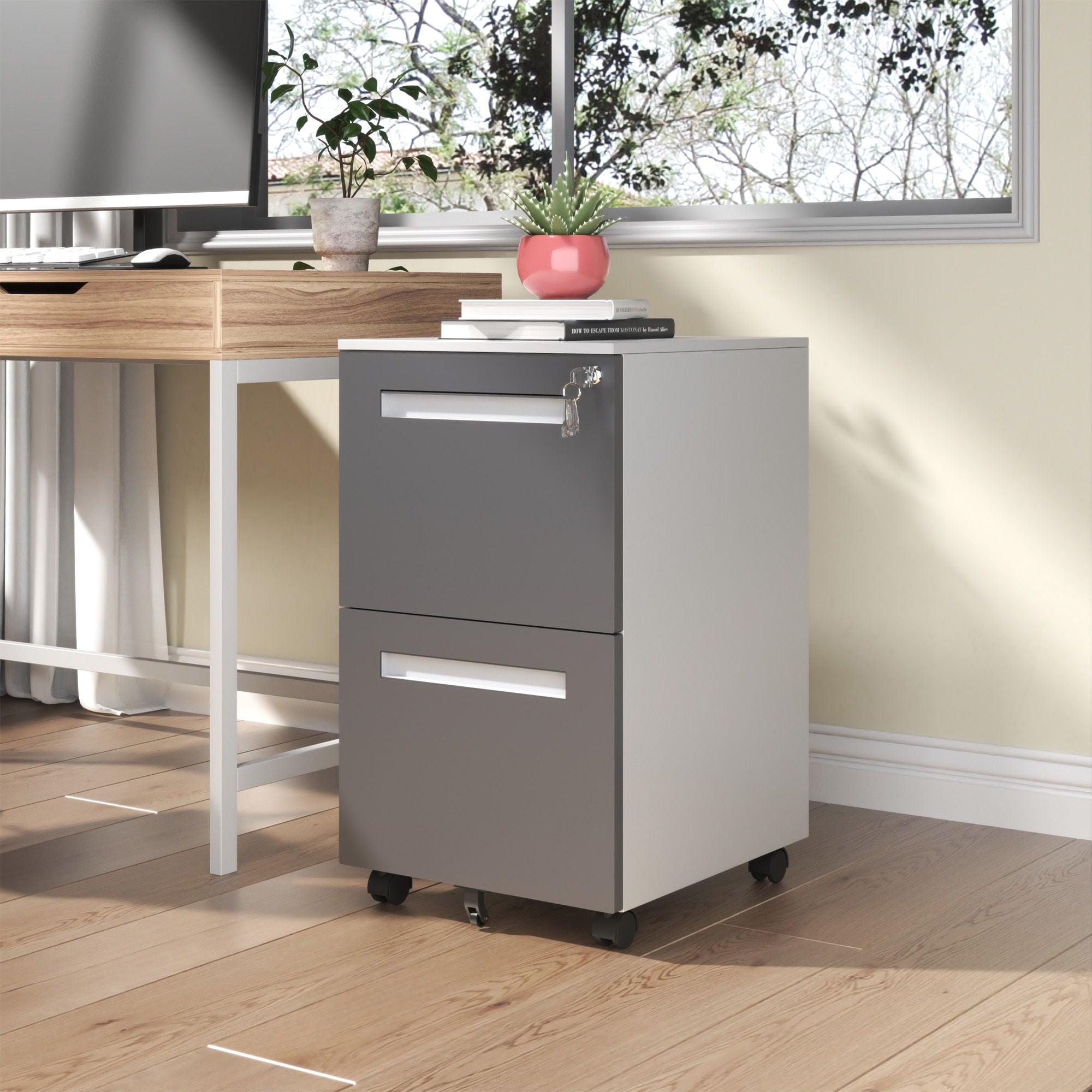 2-Drawer Mobile File Cabinet With Lock,On 360° Wheels, Holds A4/Letter/Legal Files - White