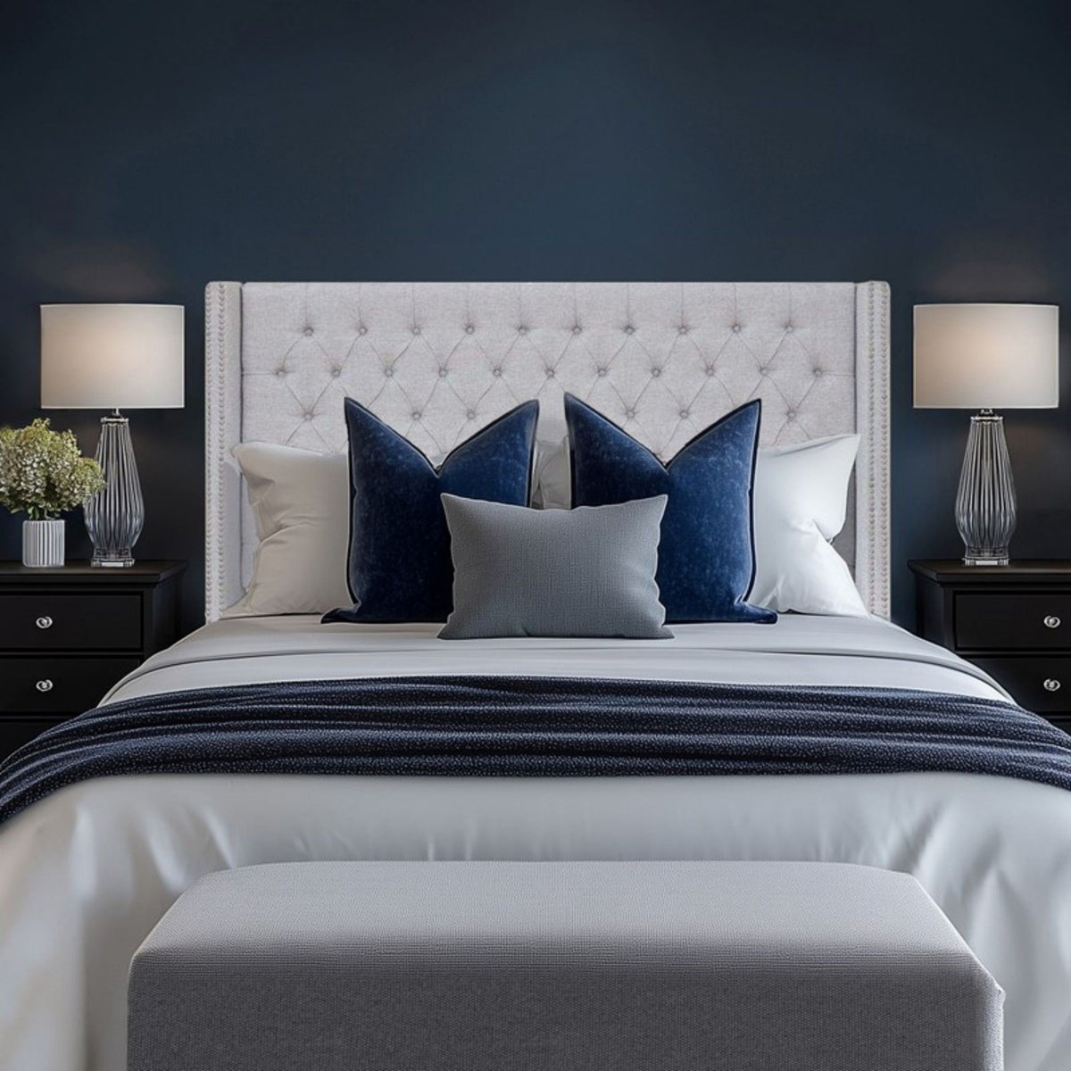 Queen Size Upholstery Headboard With Tufted Buttons And Nailhead Trim - Gray