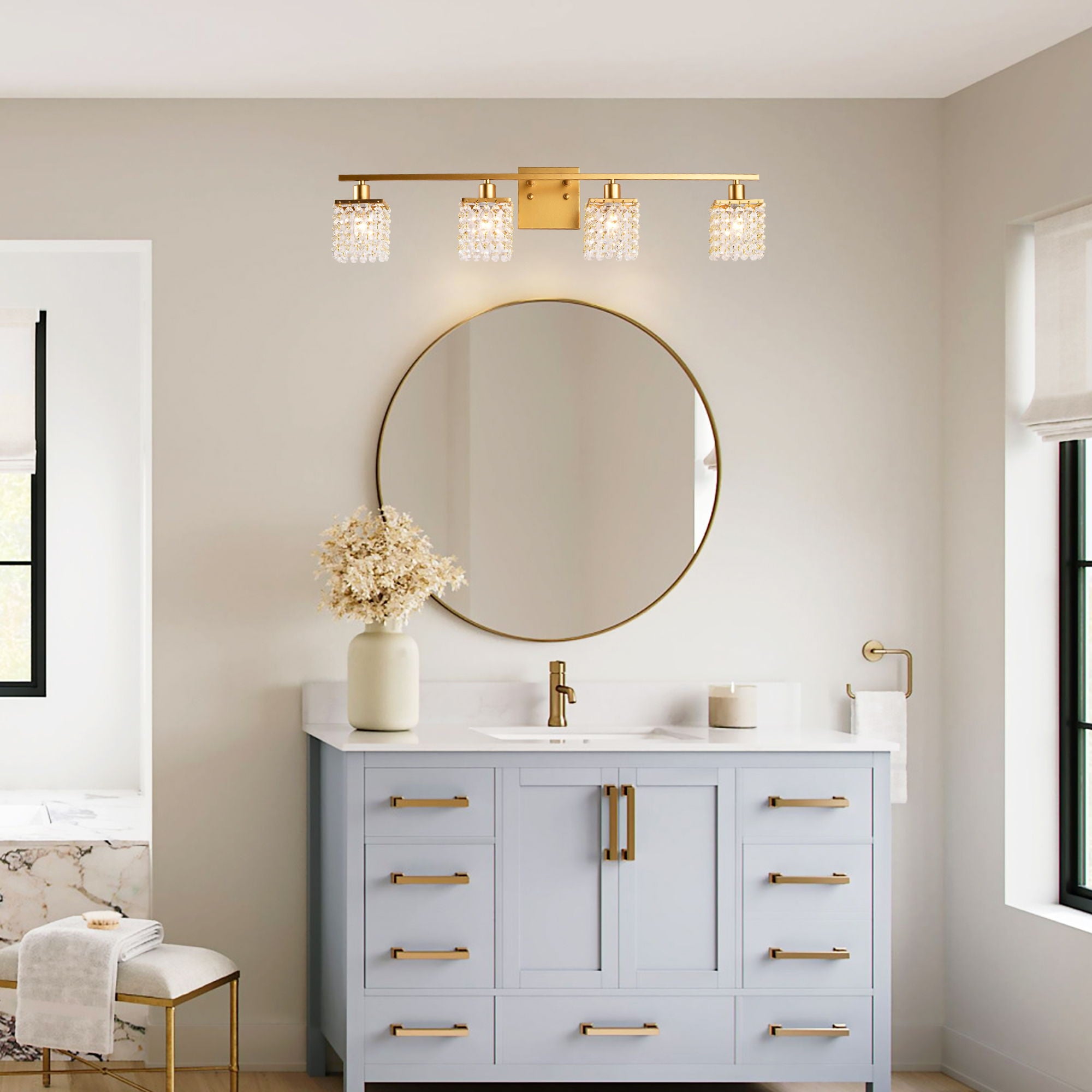 4 Light Bathroom Light, Modern Vanity Lights With Crystal Shade, Vintage Light Fixture Bathroom Over Mirror Wall Lights For Kitchen Dinning Room Bedroom Hallway (Does Not Include Light Bulbs) - Gold