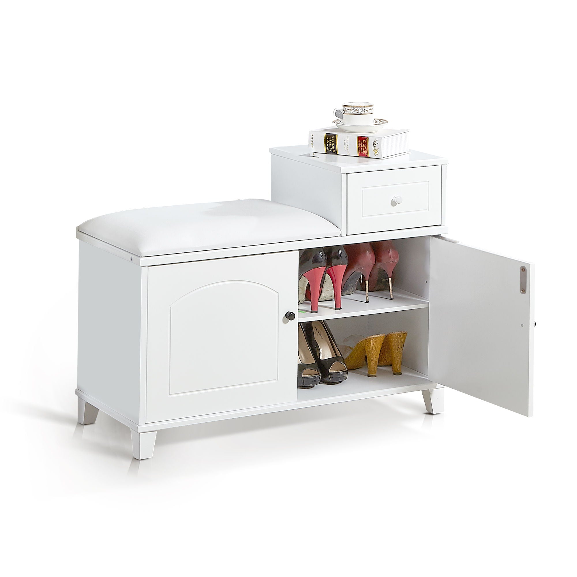Shoe Storage Bench Cabinet With Fireproof Cushion, Double Doors And Movable Drawer For Door Entrance - White