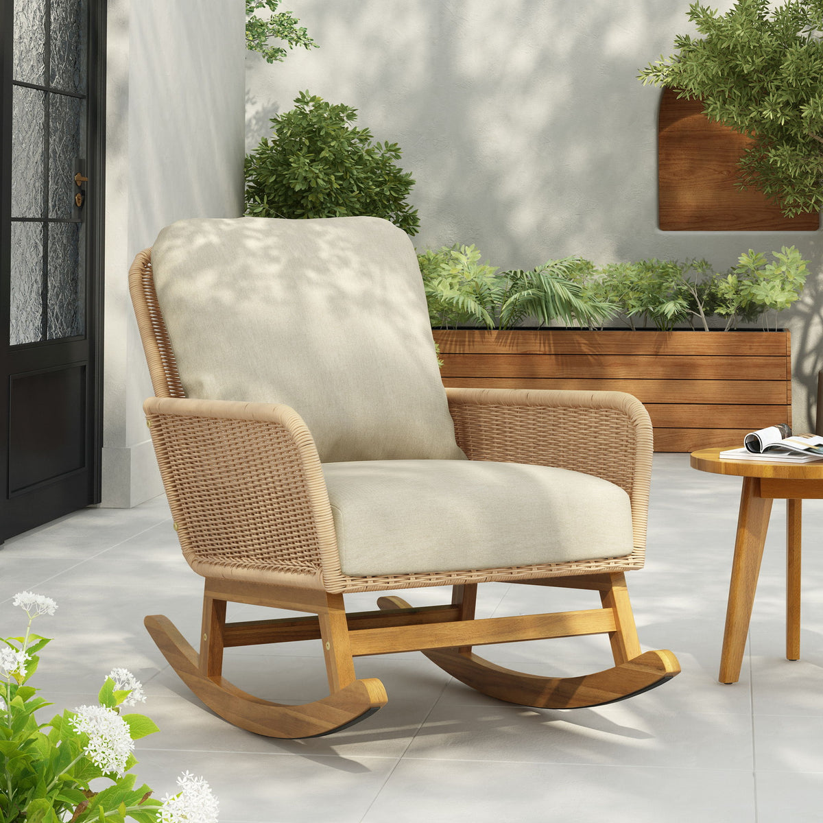 Contemporary Minimalist Wicker Rocking Chair With Soft Cushions