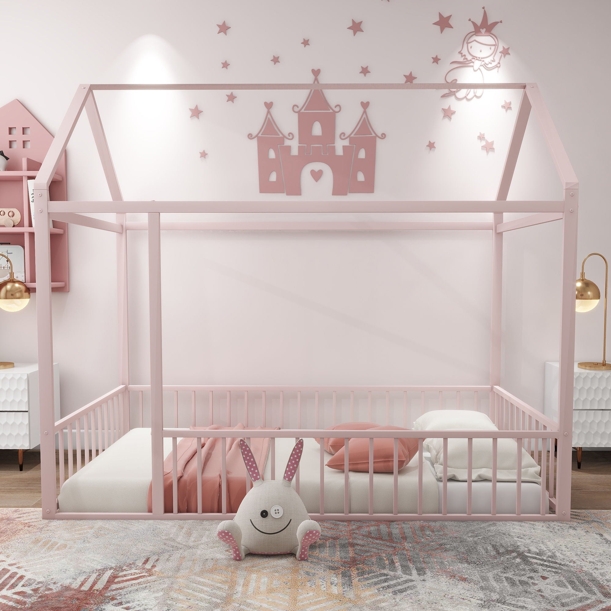 Metal Bed House Bed Frame With Fence