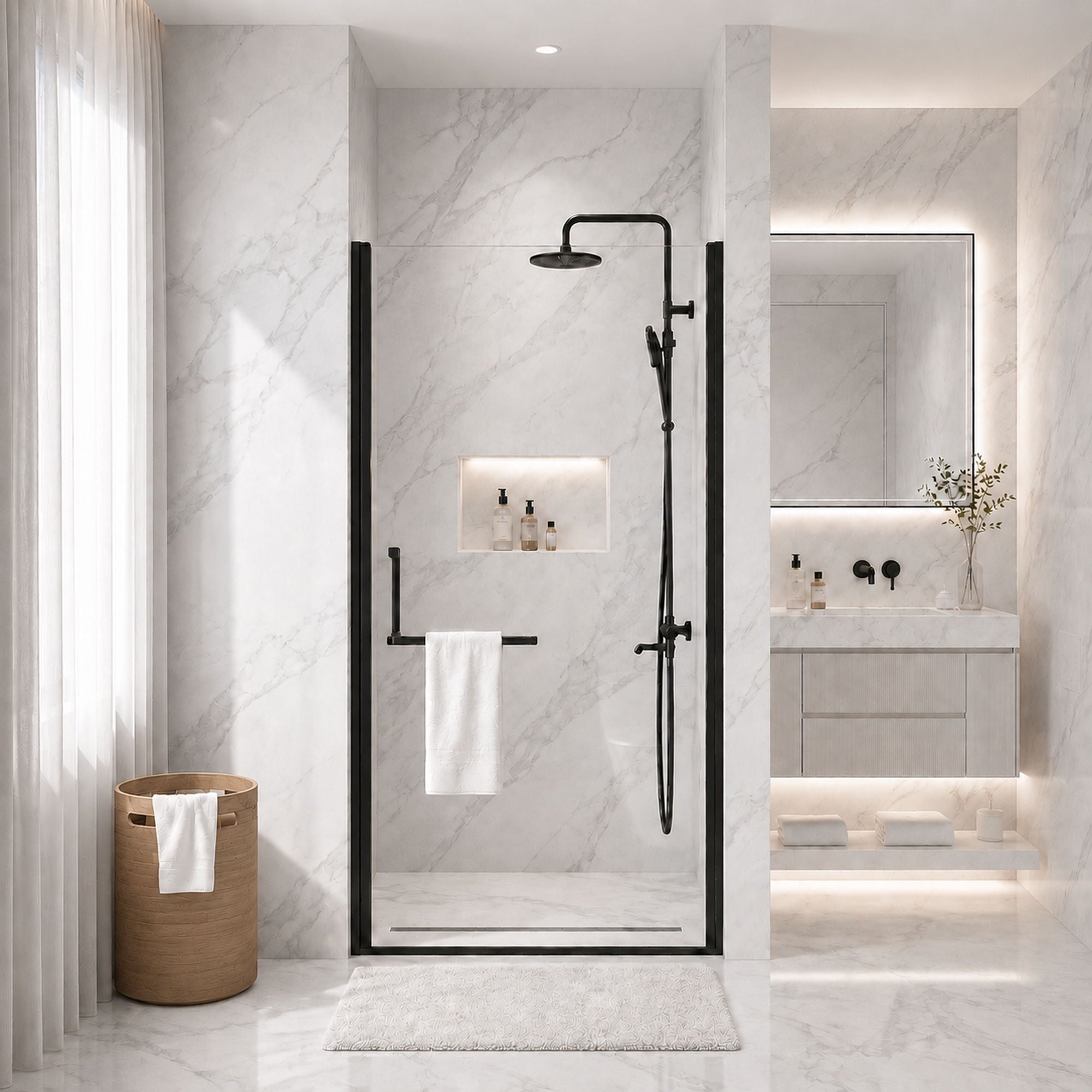 Semi-Frameless Pivot Shower Door With Adjustable Width, Reversible Installation