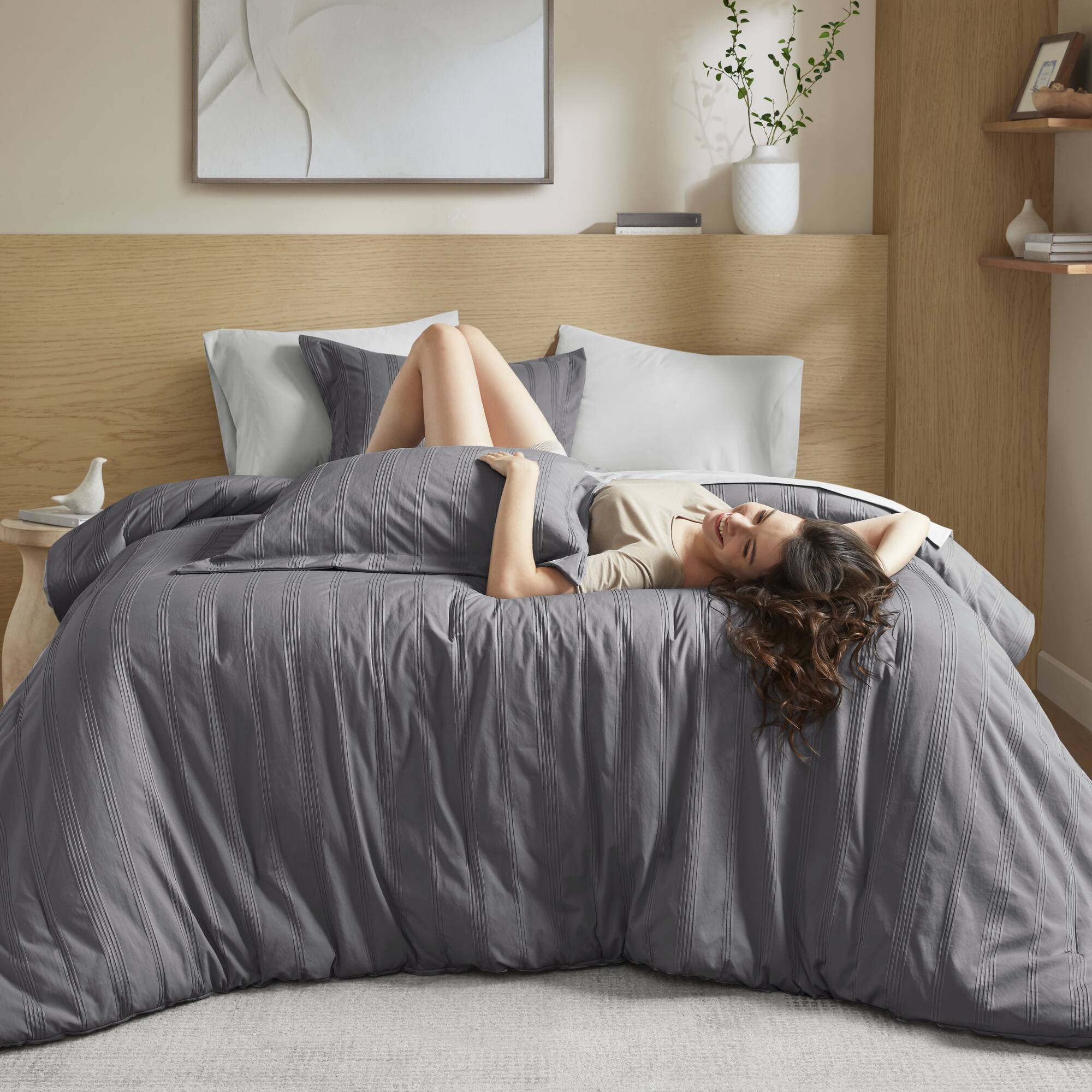 Logan - Full Striped Comforter Set - Charcoal
