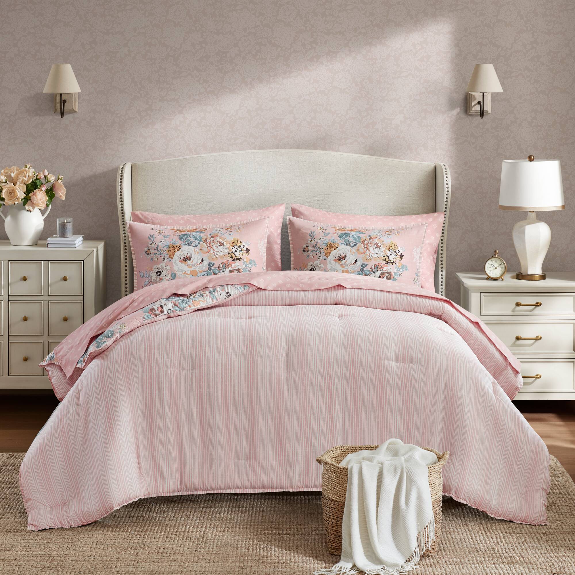 Heather - King 7 Piece Vintage-Inspired Floral Print - Pink