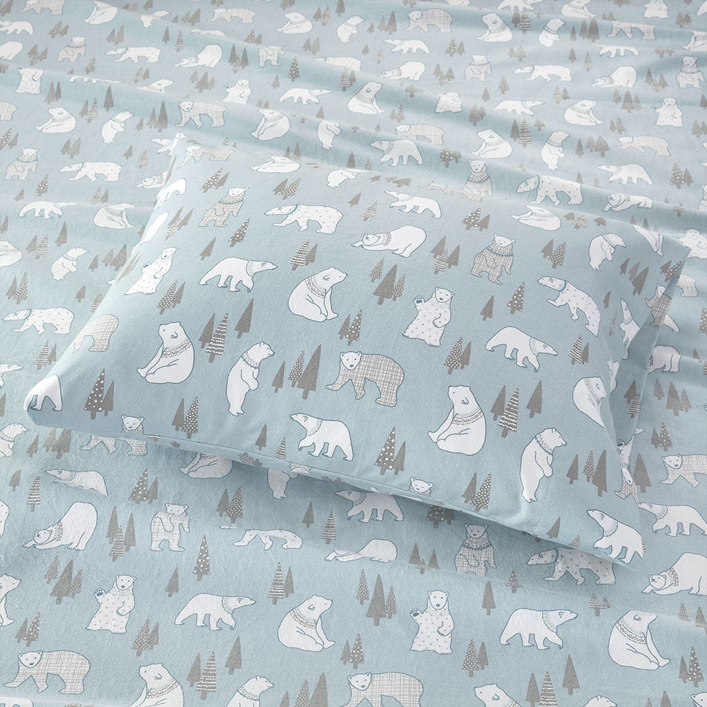 Cozy Flannel - Twin Long 100% Printed Sheet Set - Blue Polar Bears