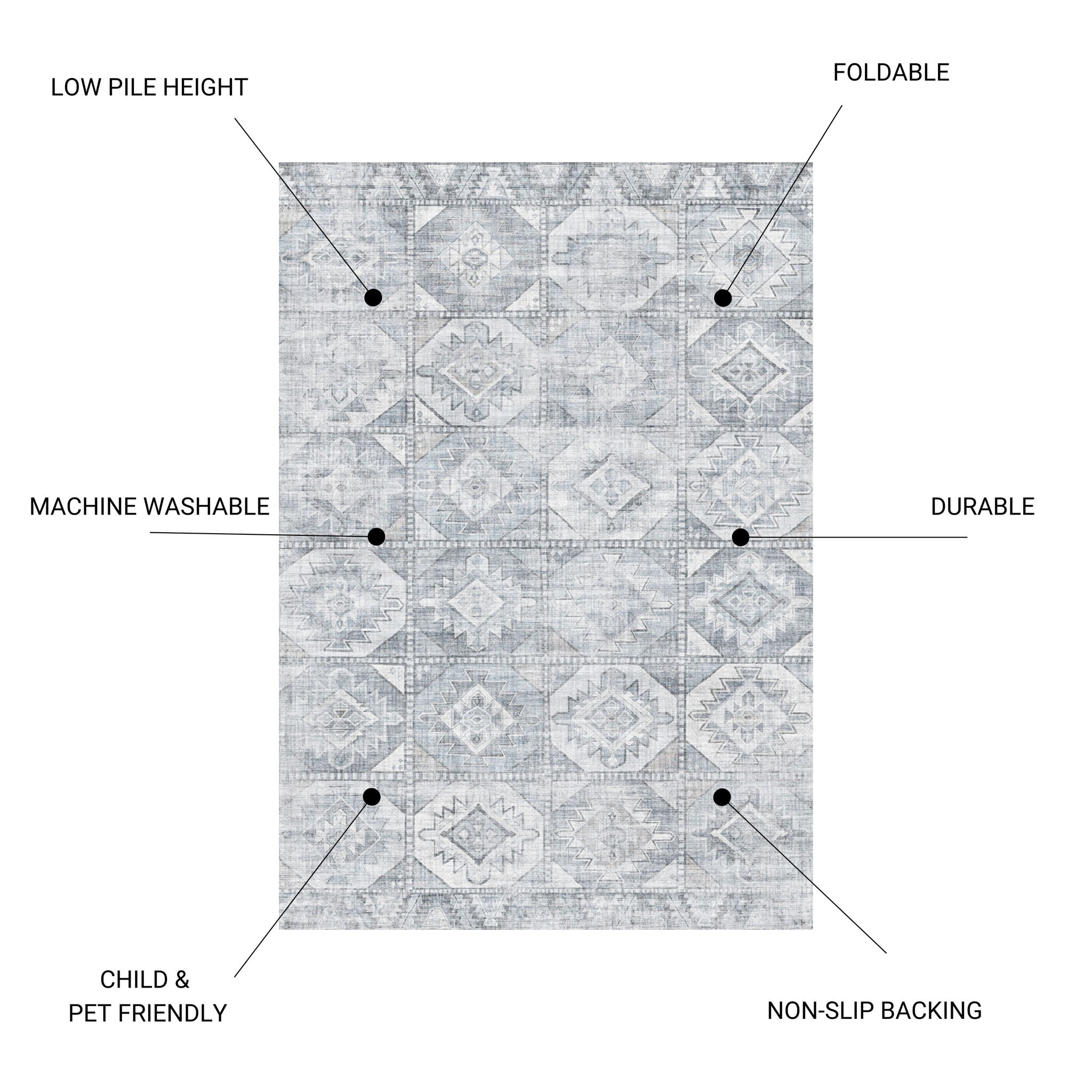 Toucan - 5' X 7' Washable Non - Slip Area Rug - Silver