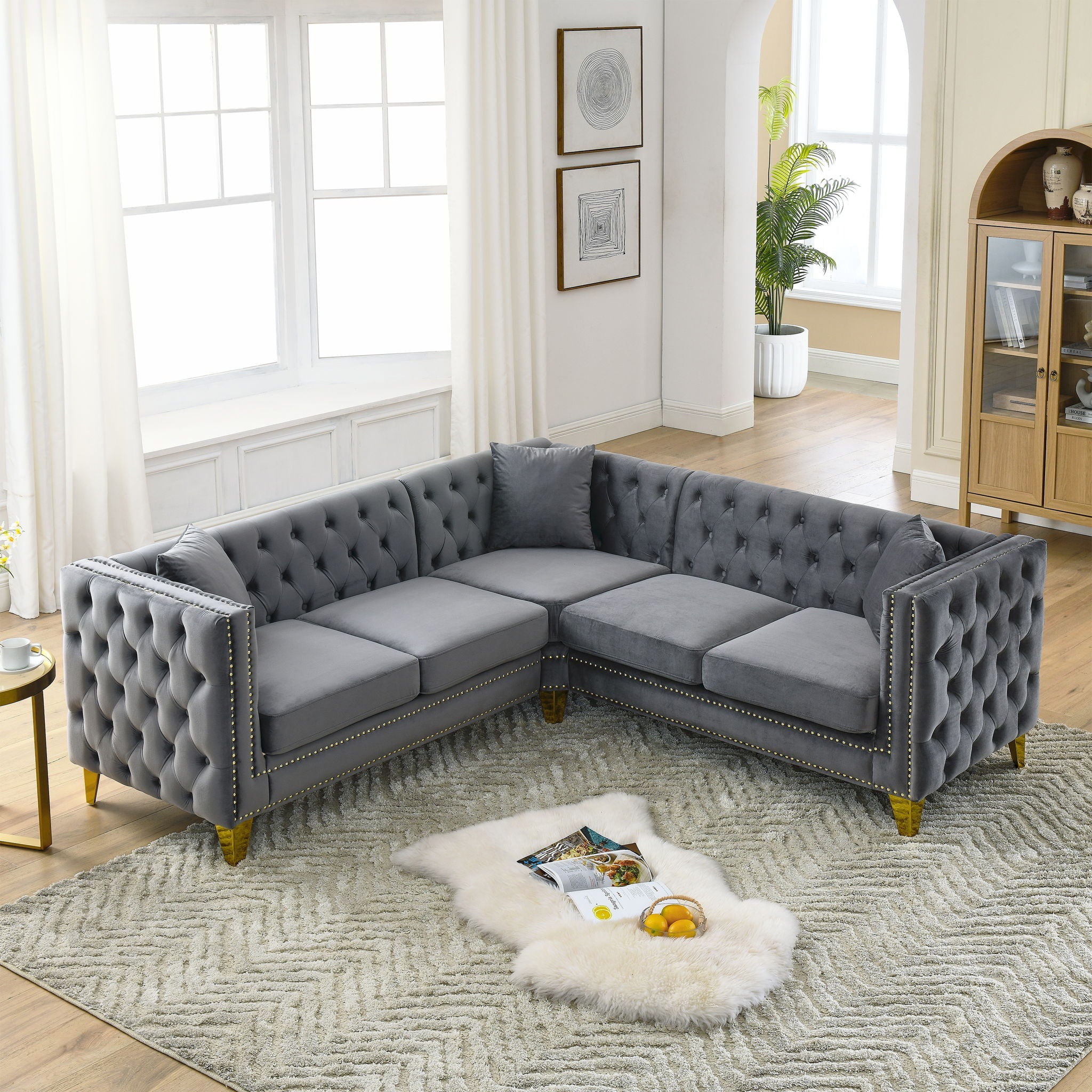L-Shaped Corner Sofa, 5 Seater Sectional With Tufted Design