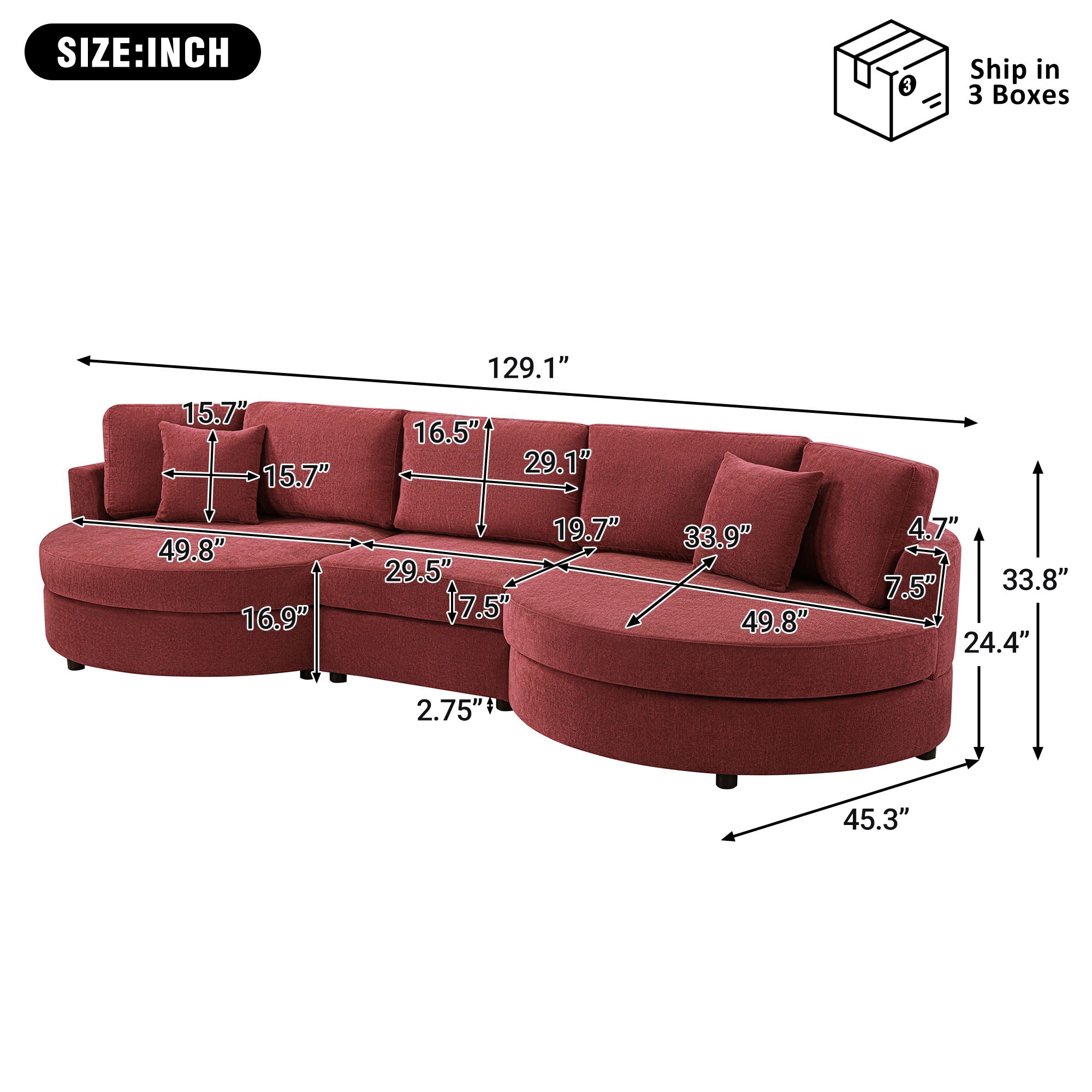 Modern 3 Seater Upholstered Sofa With Curved Design