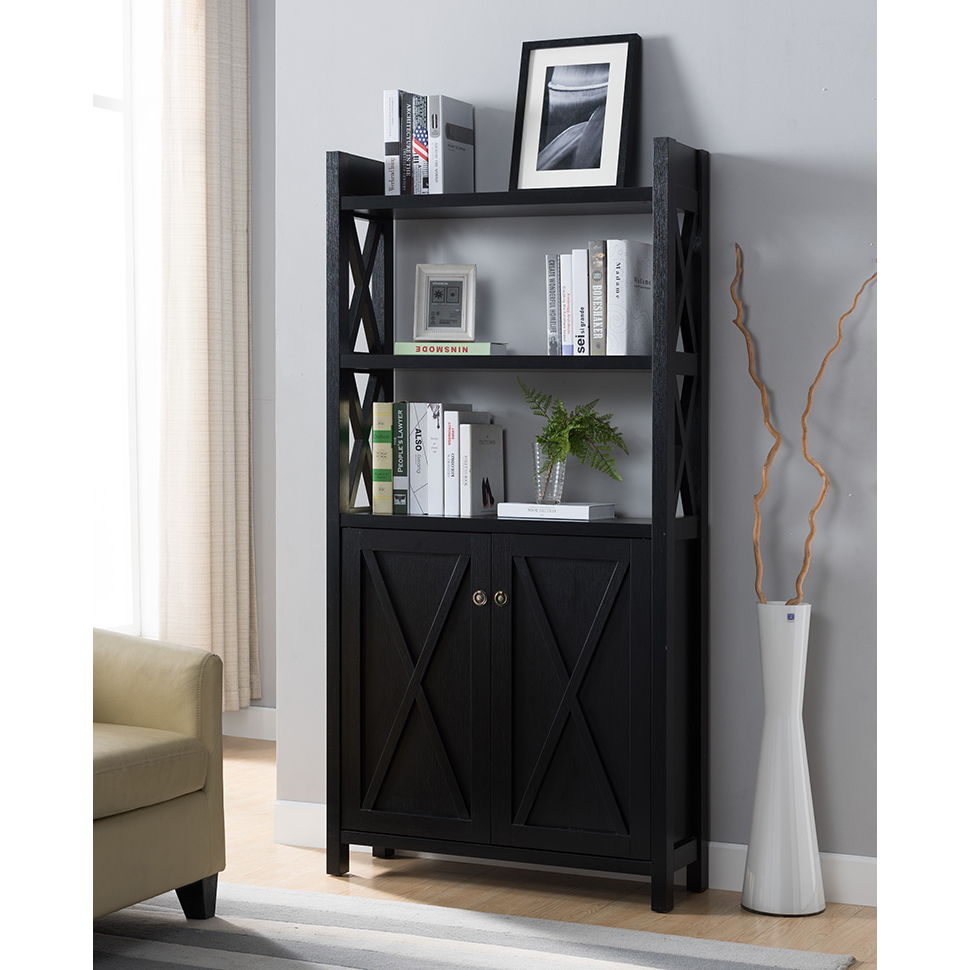 Crosshatch Display, Home Storage Cabinet With Two Top Shelves, Two Door Cabinet
