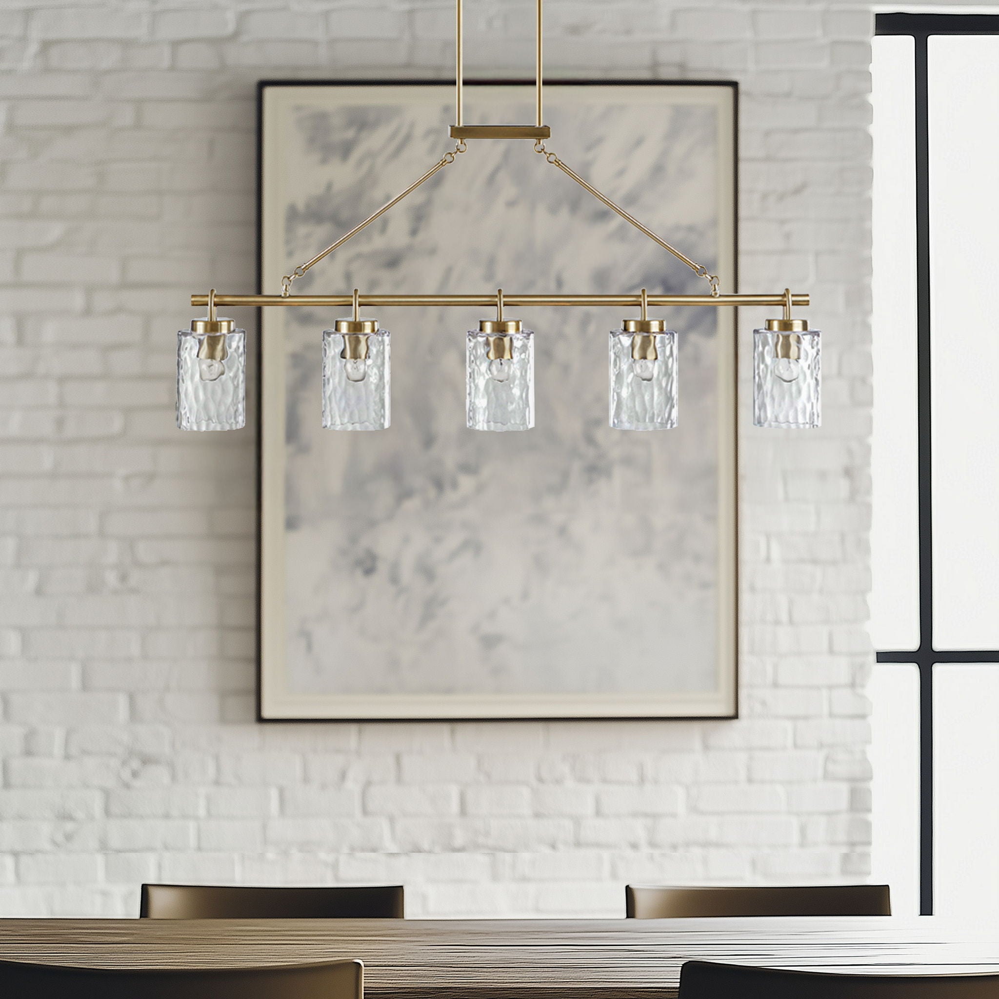 Curiana - 5-Light Linear Chandelier With Textured Glass Shades - Antique Brass