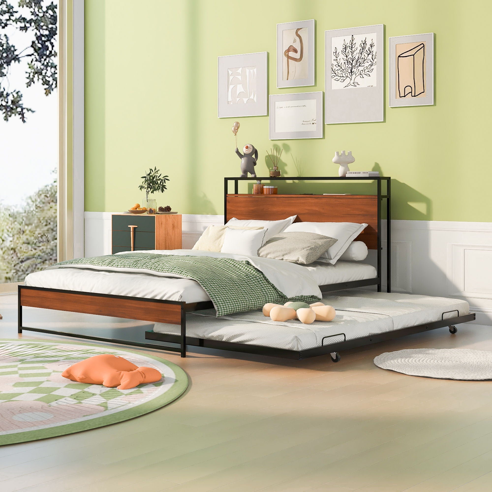 Platform Bed Frame With Trundle, USB Ports And Slat Support, No Box Spring Needed
