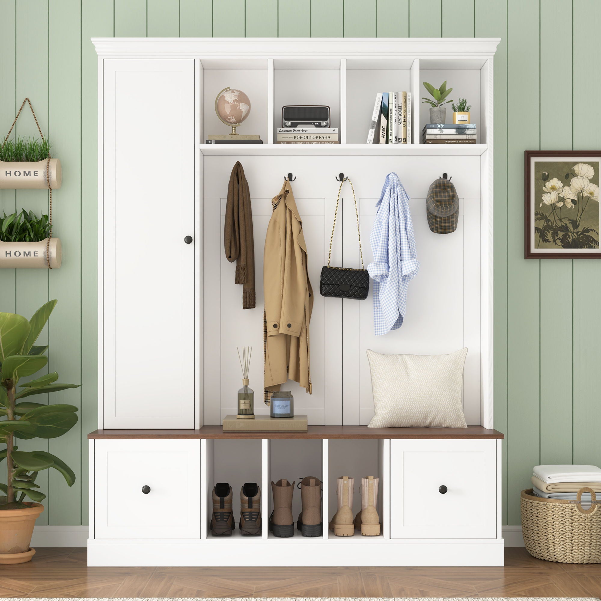 Hall Tree With Shoe Storage Bench, Entryway Coat Rack With 5 Hooks