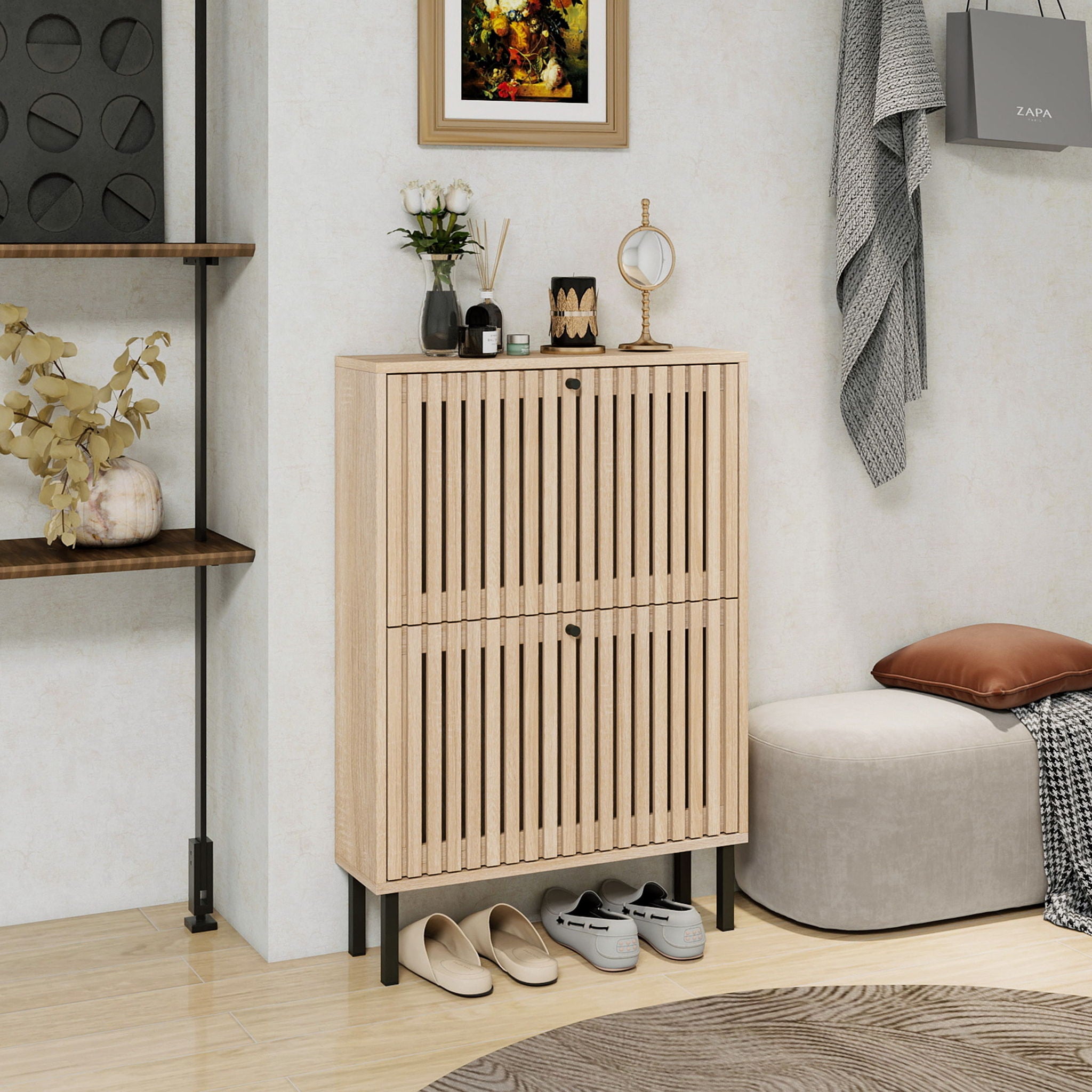 2 Door Shoe Rack, Freestanding Modern Shoe Storage Cabinet, For Entryway - Natural