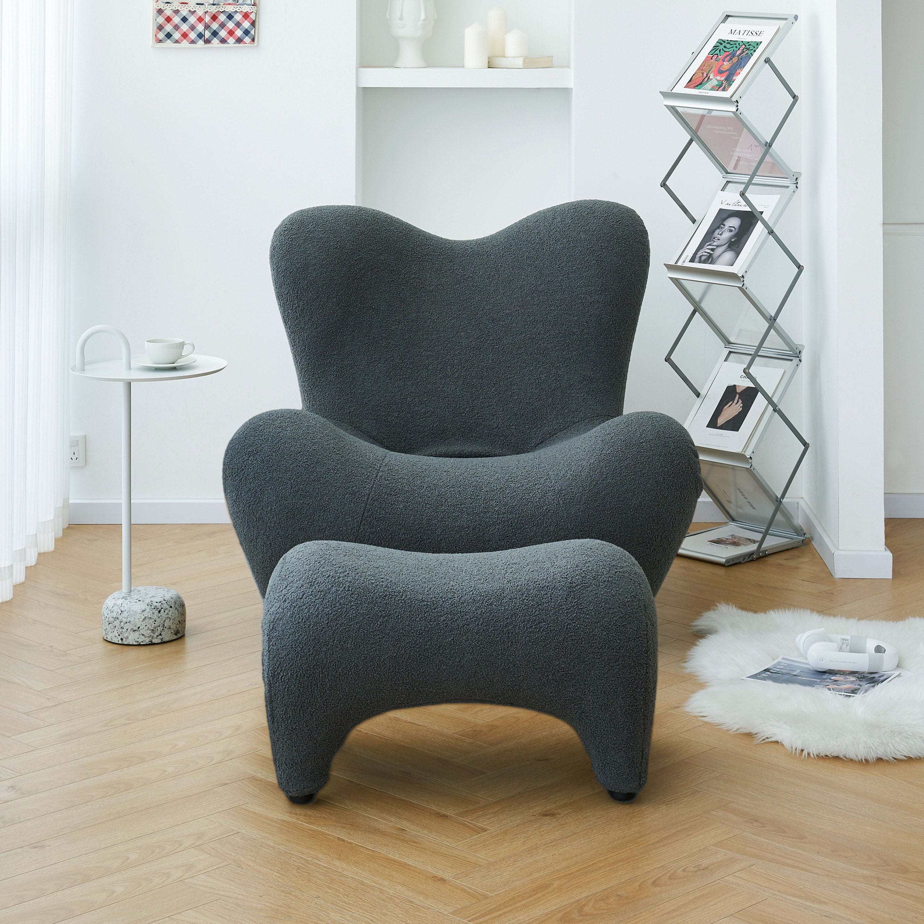 Modern Accent Chair and Ottoman Set, High Back Sherpa Blouce Fabric Armchair with Footstool for Living Room, Lounge, Bedroom, Reading Room, Office