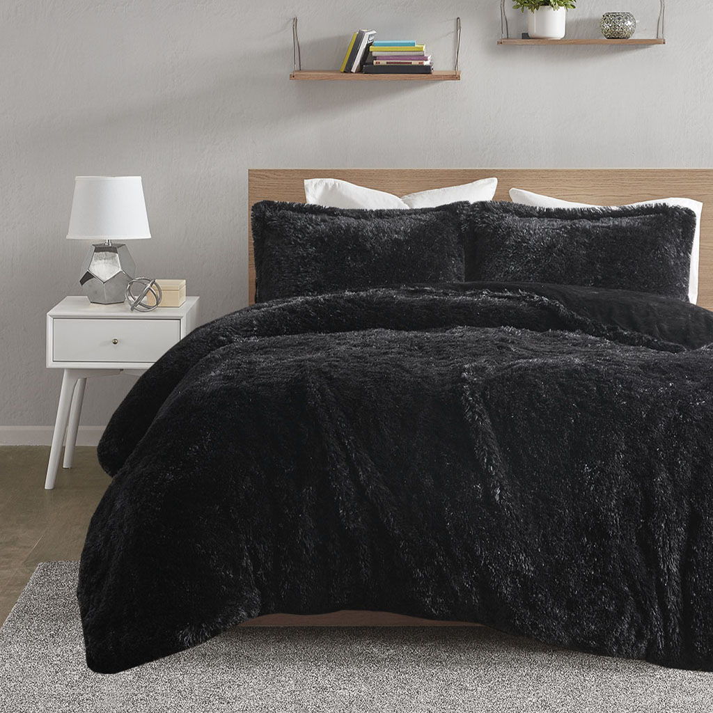 Malea - King Shaggy Duvet Cover Set - Black