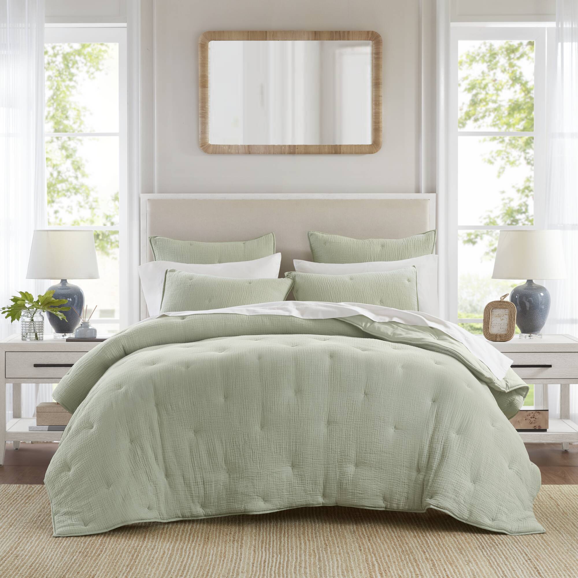 Breeze - Full/Queen Cotton Gauze Embroidered Quilt Set - Sage