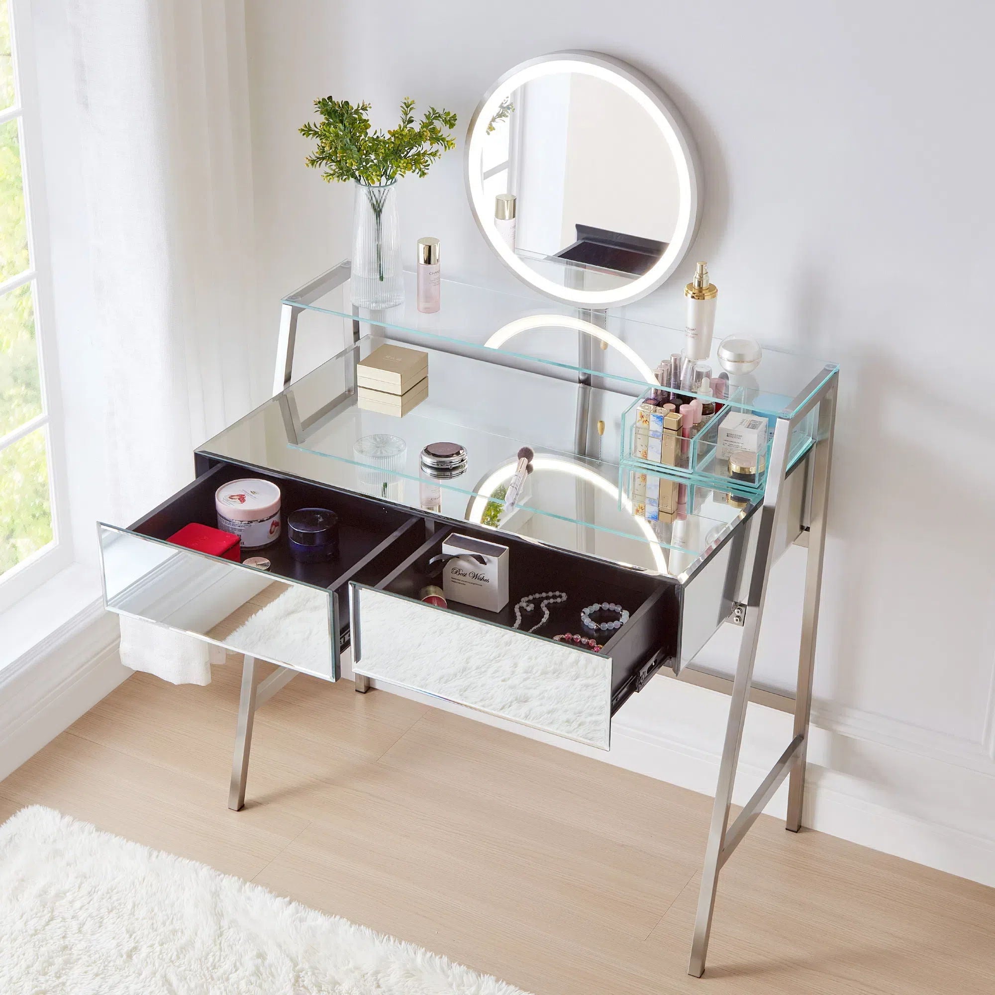 33.9" Mirrored Makeup Vanity Desk With Mirror And Lights, Mirrored Console Vanity Table With 2 Big Drawers & Open Shelf, Dressing Table With Charging Station For Bedroom - Silver