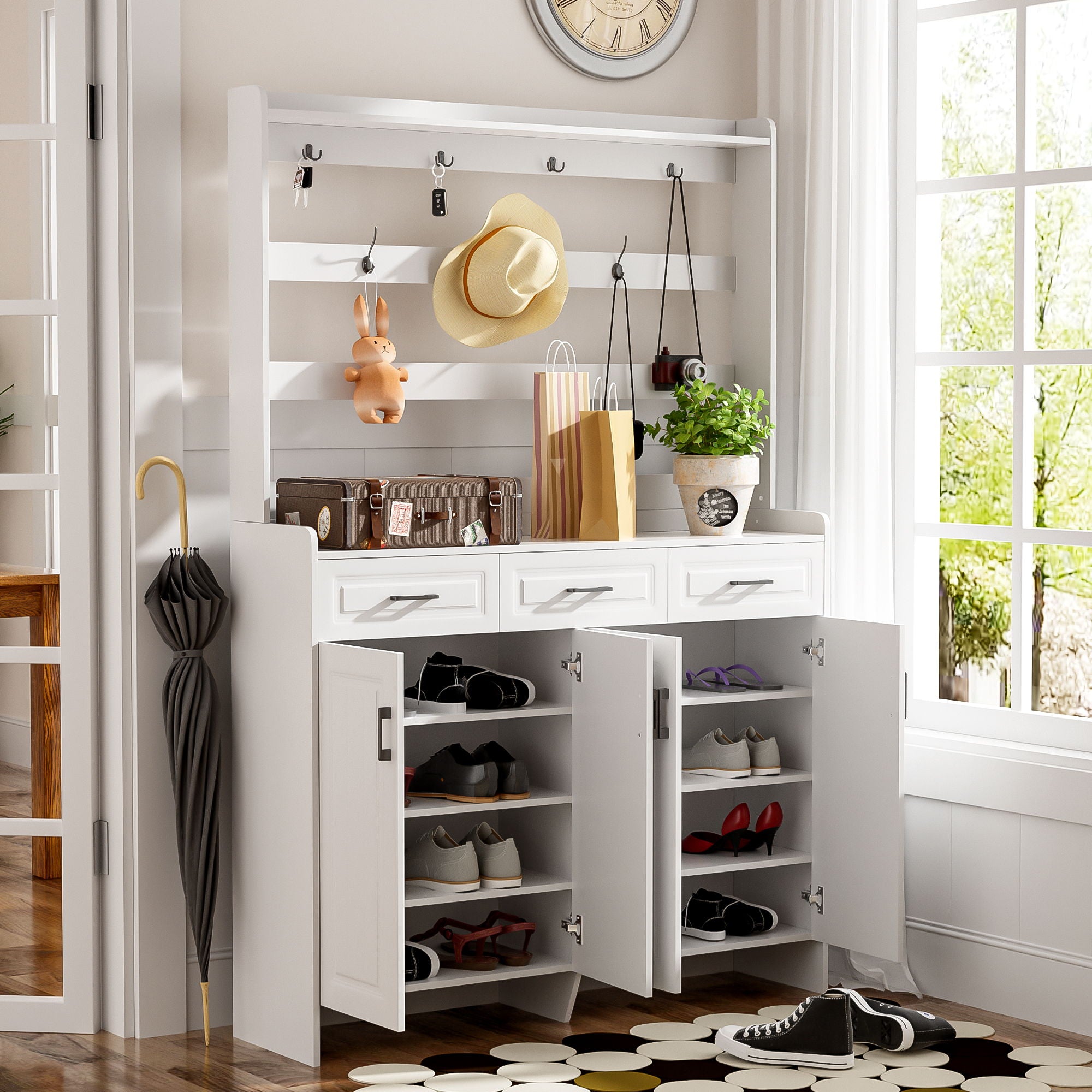 Minimalist 4 Door Shoe Cabinet With Coat Rack, 3 Drawers, 8 Shelves, Metal Hooks And Handles