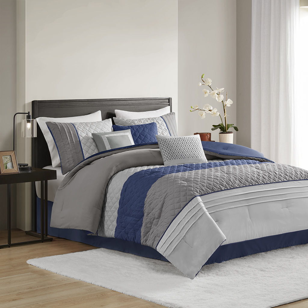 Greer - 7 Piece Color Block Stripe Comforter Set With Throw Pillows - Blue