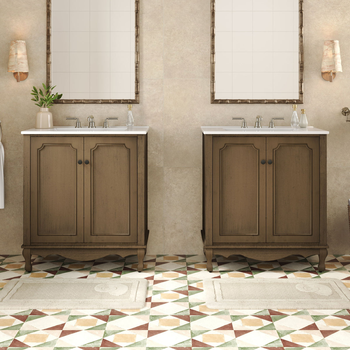 Vintage Double Sink Bathroom Vanity Set With Ceramic Sinks