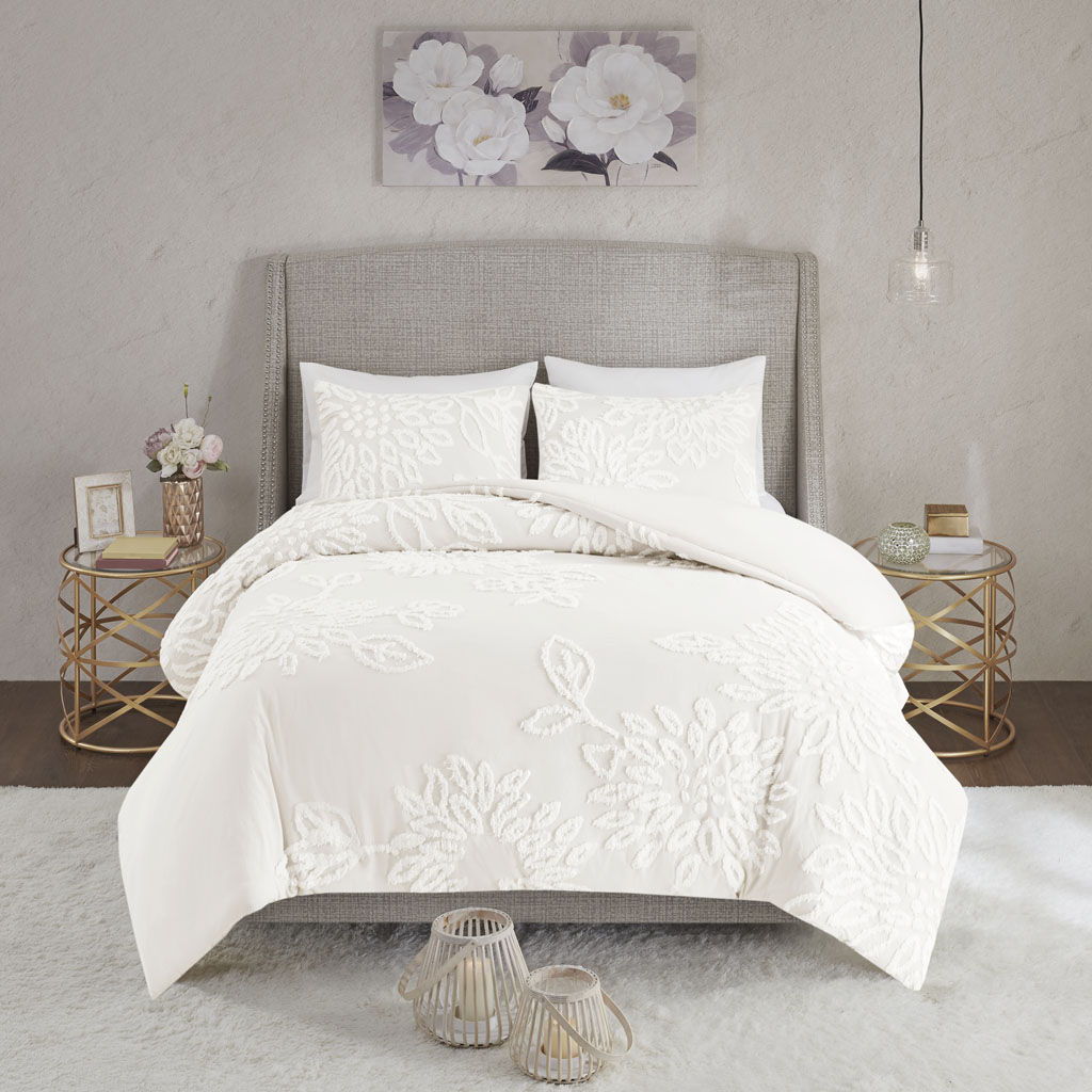 Veronica - King 3 Piece Tufted Floral Duvet Cover Set - Off White