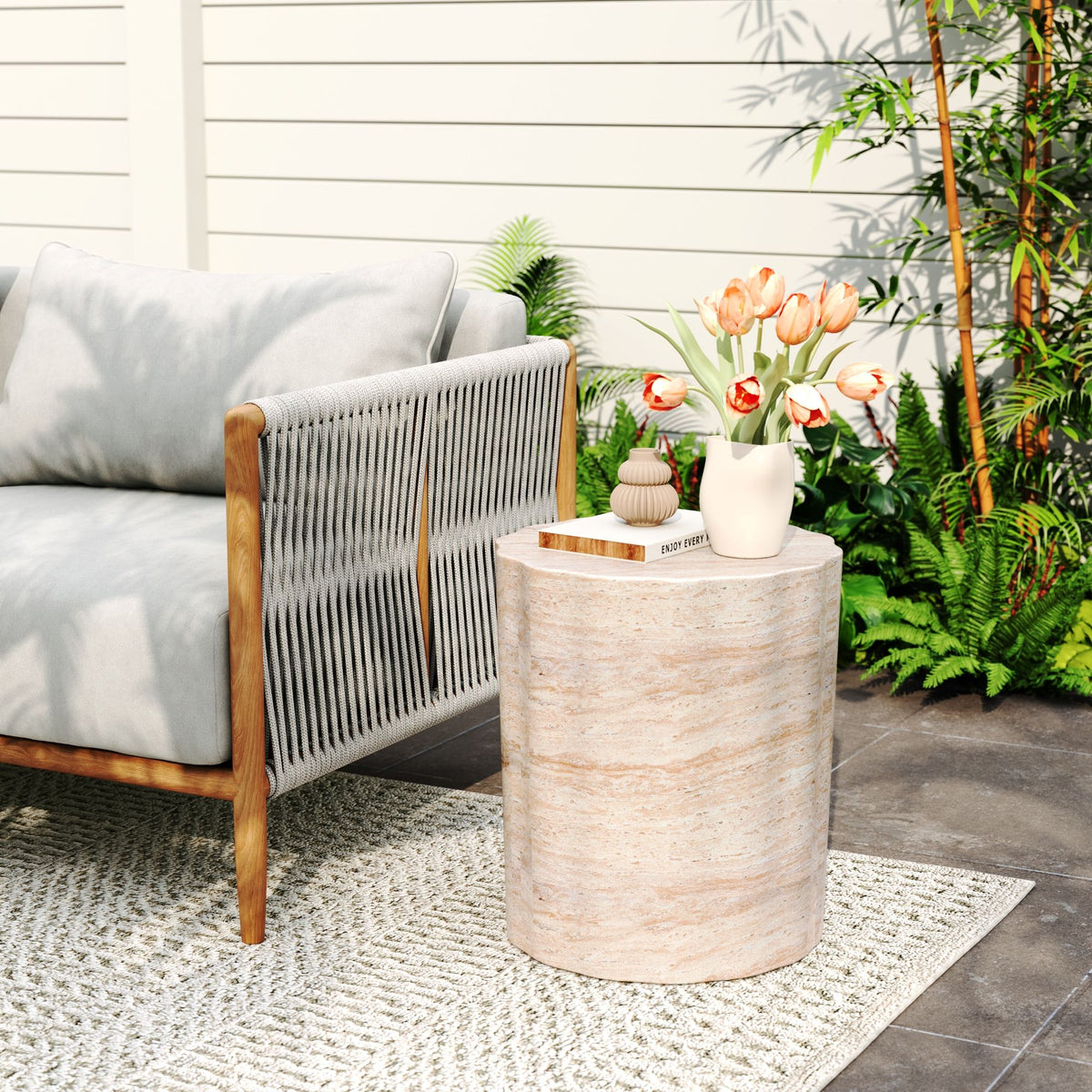 Elegant Indoor / Outdoor Lightweight Concrete Side Table With Travertine - Beige
