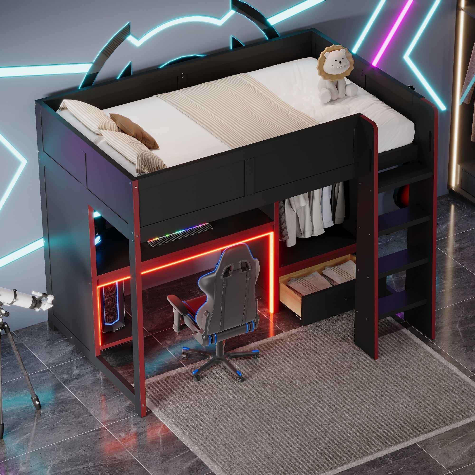 Gaming Loft Bed With Built In Desk, Wardrobe, LED Lighting And Drawer