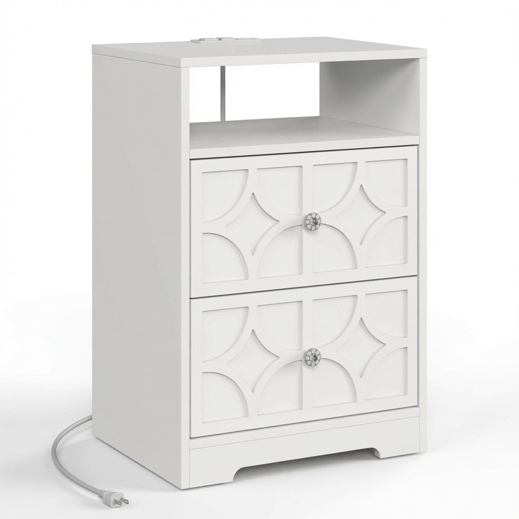 Nightstand With Diamond Carvings Handles, 2 Drawers & Charging Station