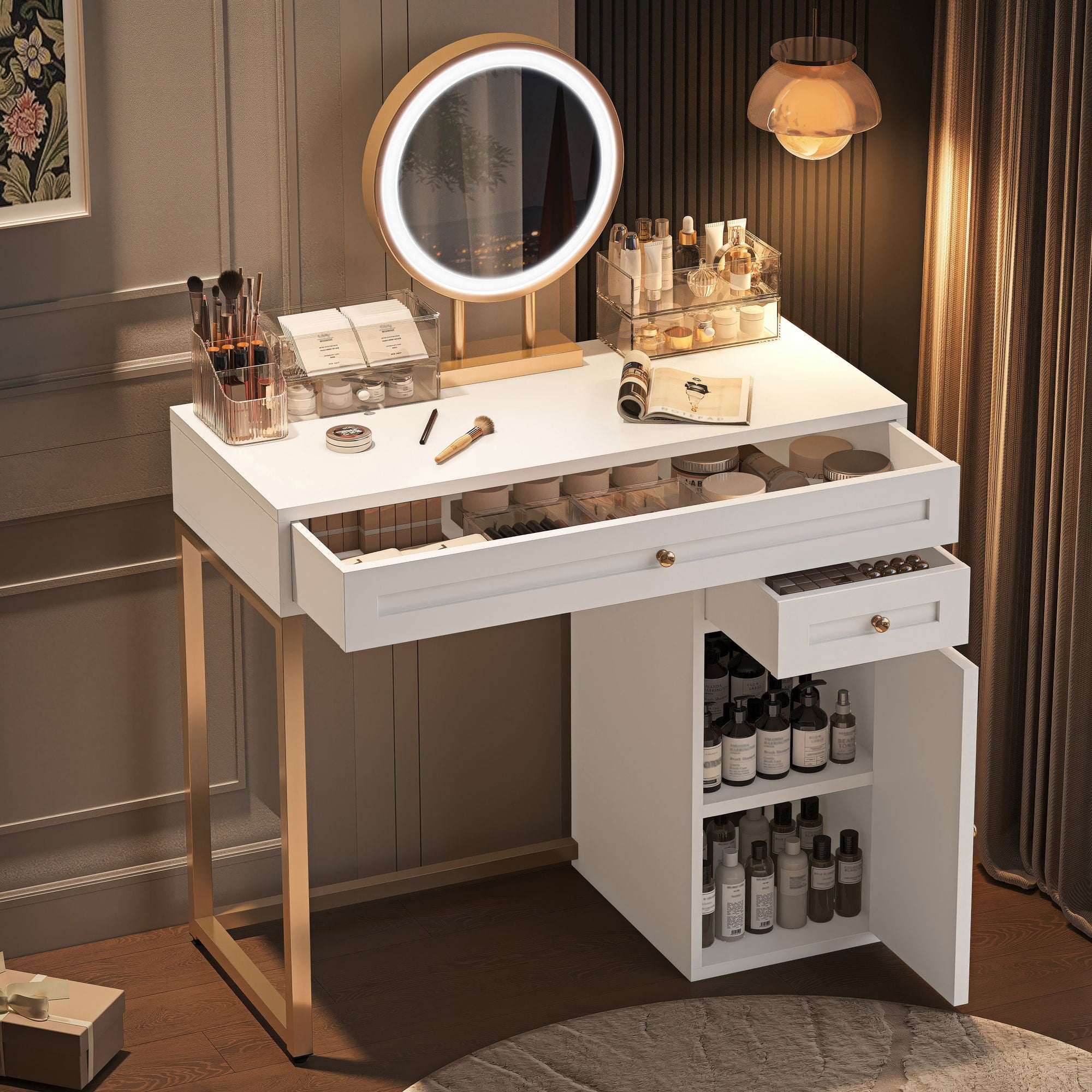 Makeup Vanity Desk With Lighted Mirror, Luxury Dressing Table With 2 Drawers And 1 Cabinet, 3 Lighting Modes Available For Bedroom - White / Gold