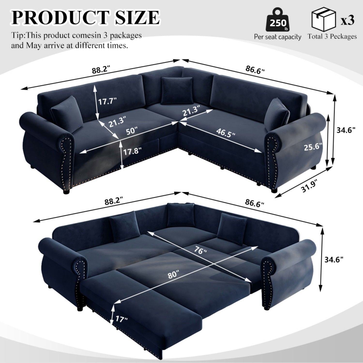 L-Shaped Sofa Couch With Pull-Out Bed