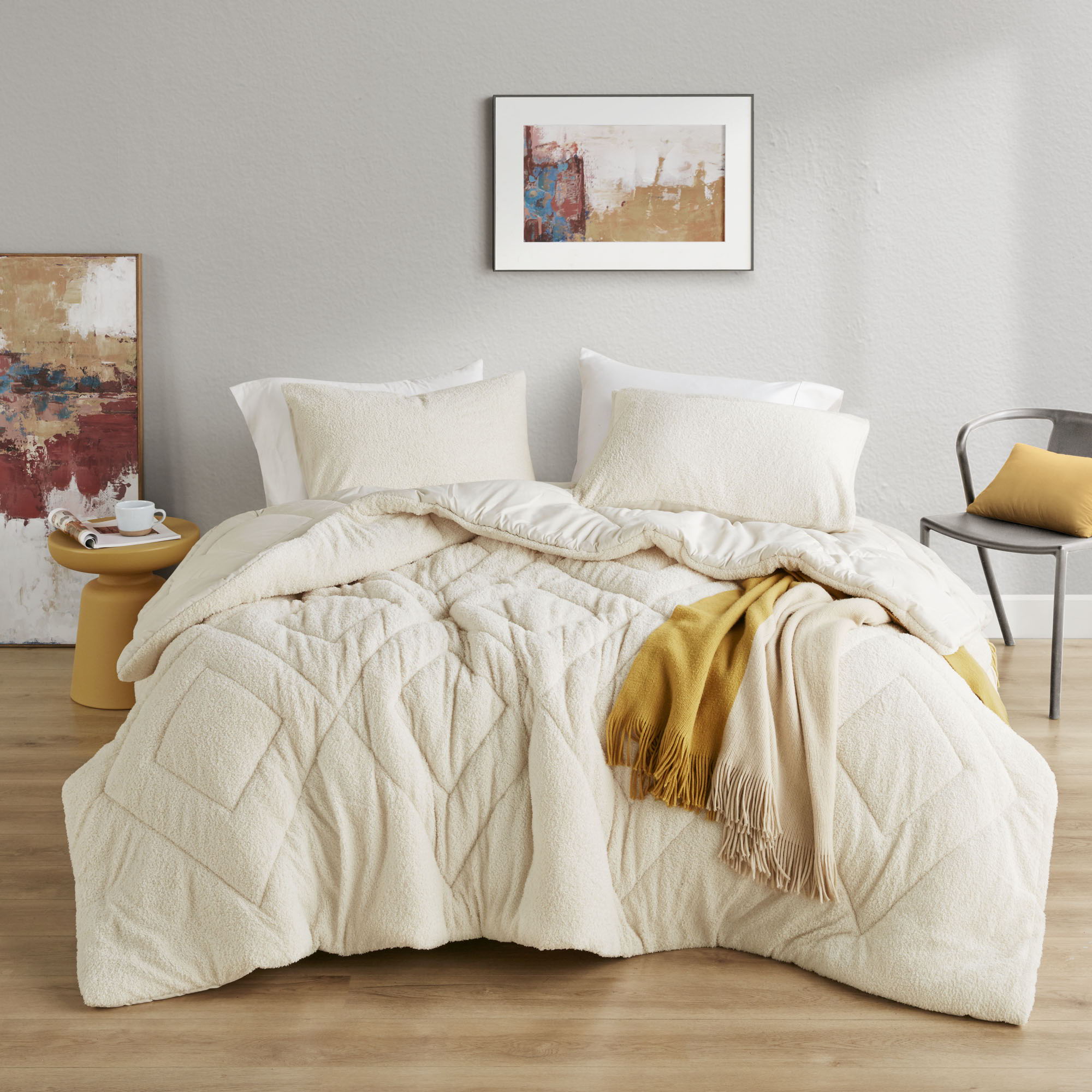 Kyla - King/California King Double Diamond Quilted Teddy Comforter Set - Ivory