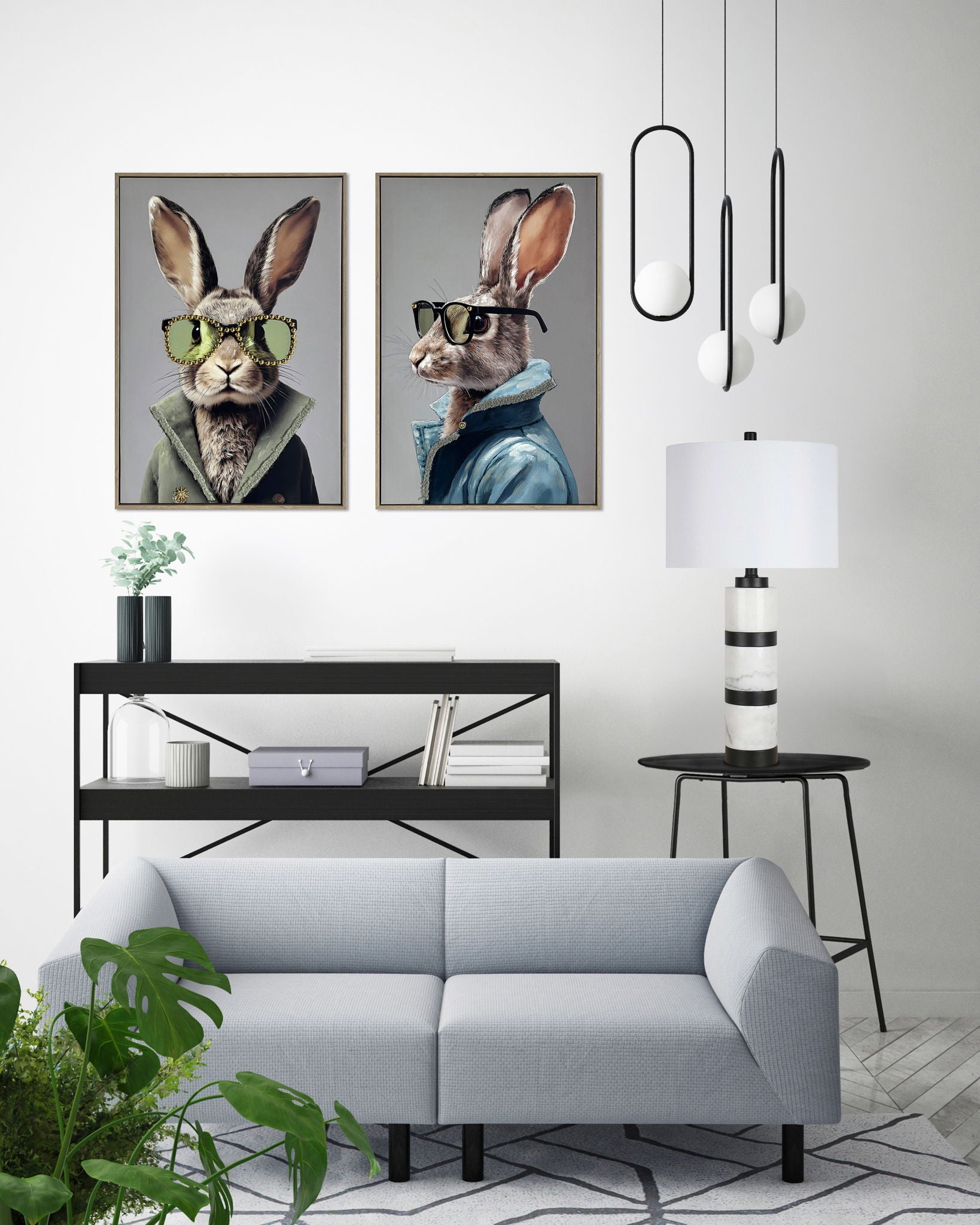 Velvet Hare II Hand-Embellished Canvas With Fabric In Frame - Gray / Blue