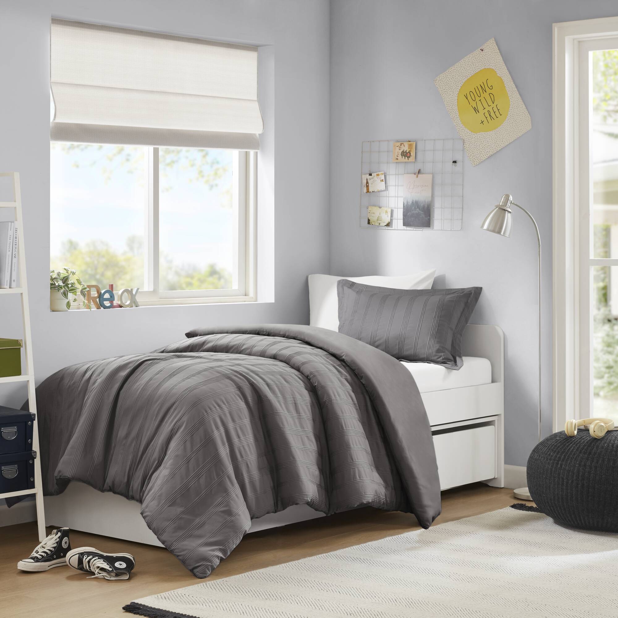Logan - Twin/Twin Long Striped Duvet Set - Charcoal