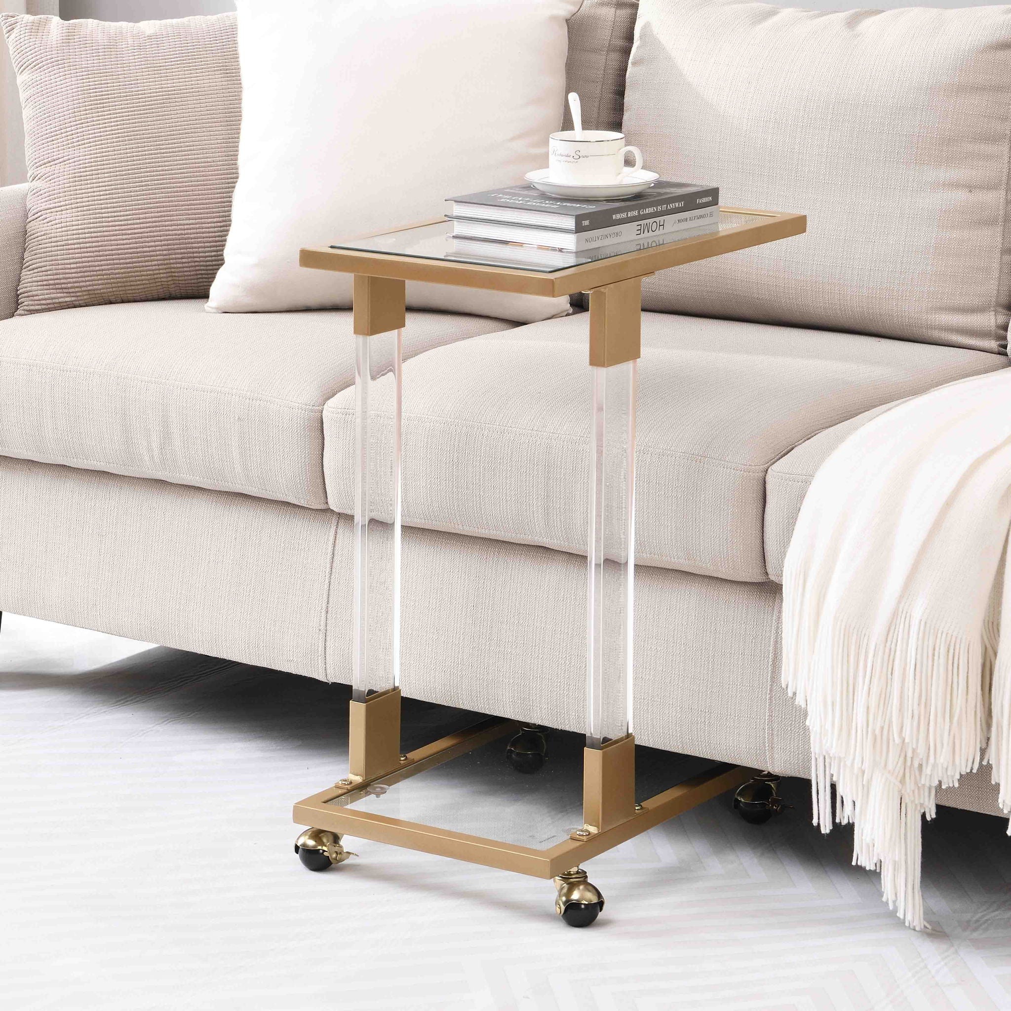 Glass Top C Shape Square Table With Metal Base For Living Room