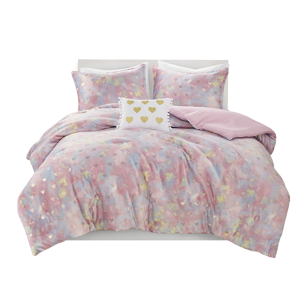 Rosalie - 4 Piece Full/Queen Metallic Printed Plush Comforter Set With Throw Pillow - Pink Multi/Gold