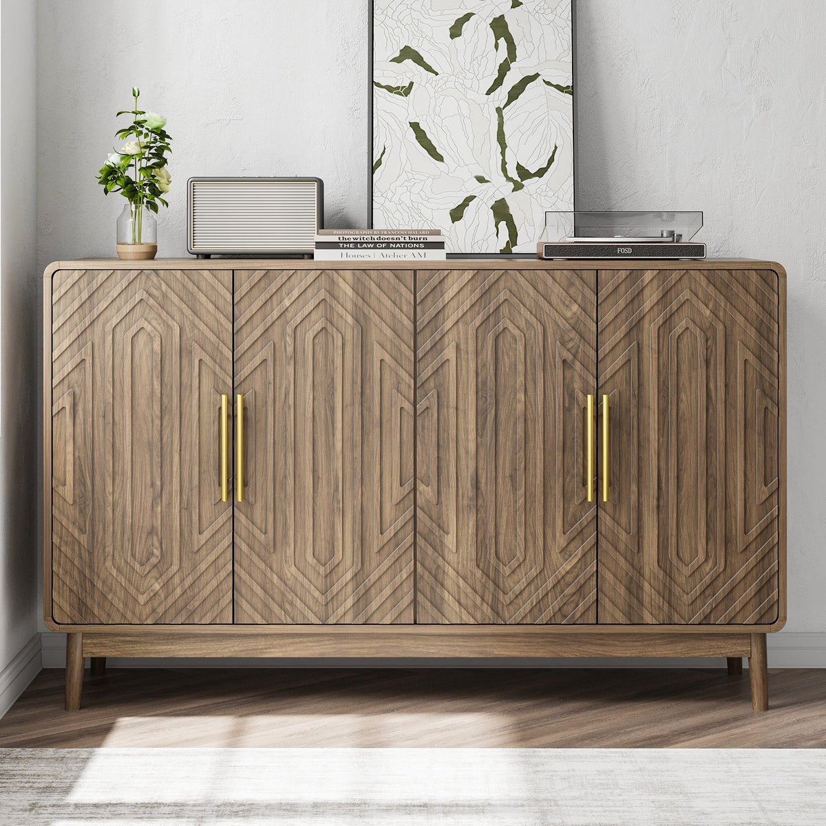 Modern Carved 4 Door Sideboard Buffet Cabinet With Storage, Adjustable Layer Board - Walnut