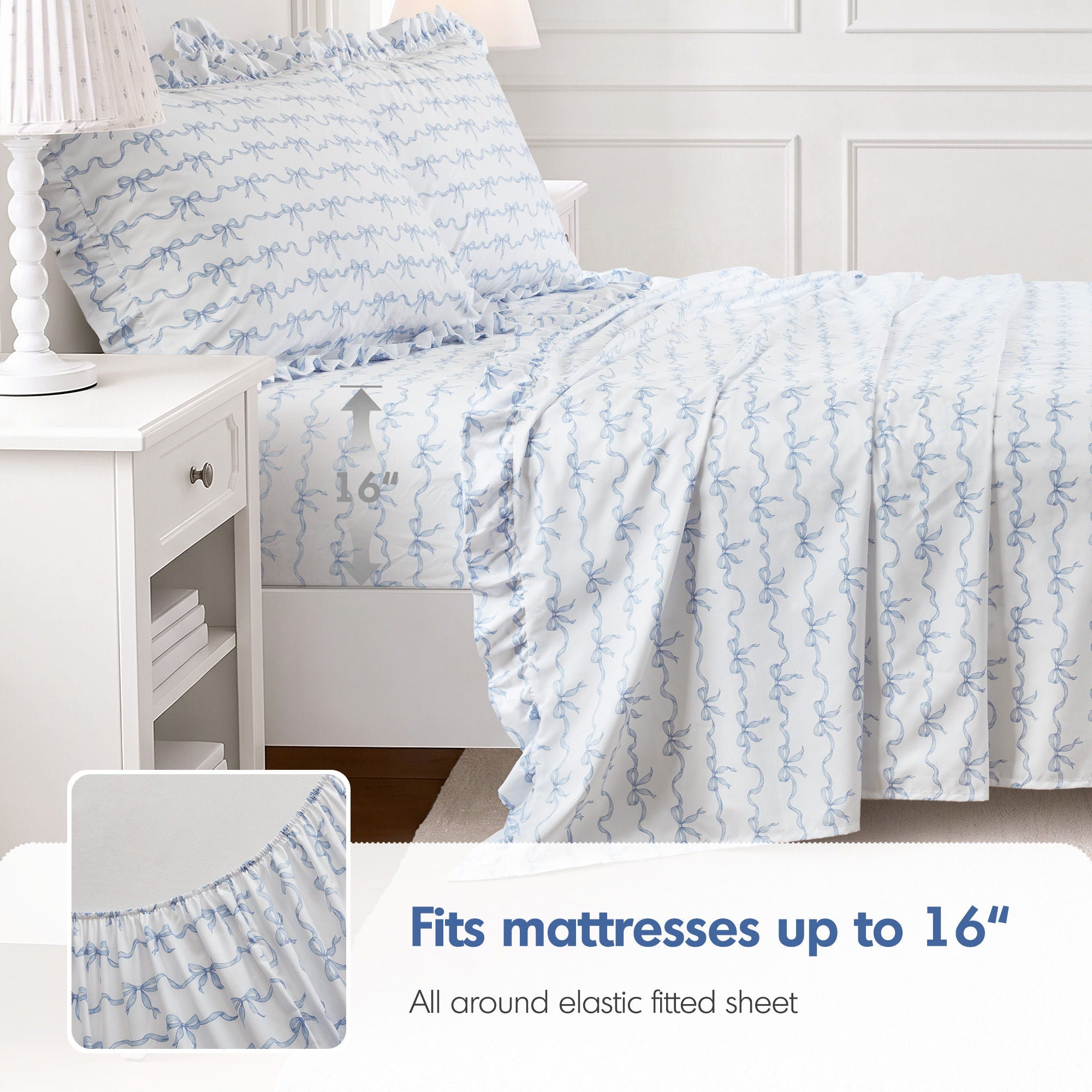 Microfiber Ruffle - Twin Long Sheets - Blue Bow