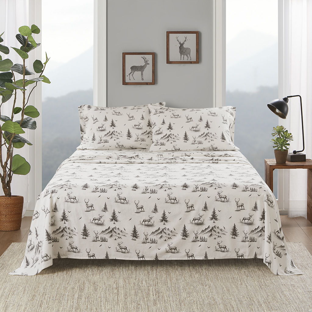 Flannel - 3 Piece Twin Sheet Set - Gray Deer Toile
