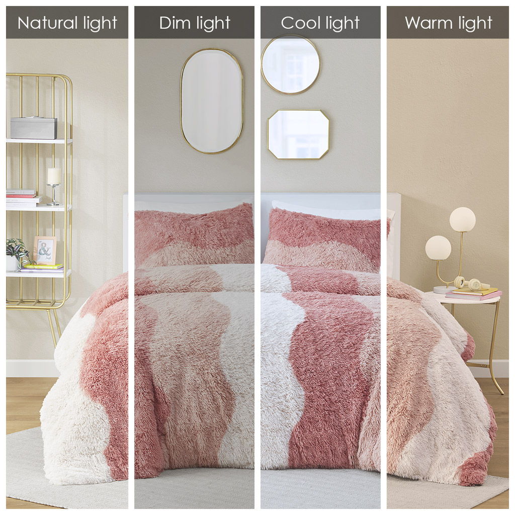 Cassie - Ombre Shaggy Faux Fur Queen Duvet Cover Set - Blush Multi