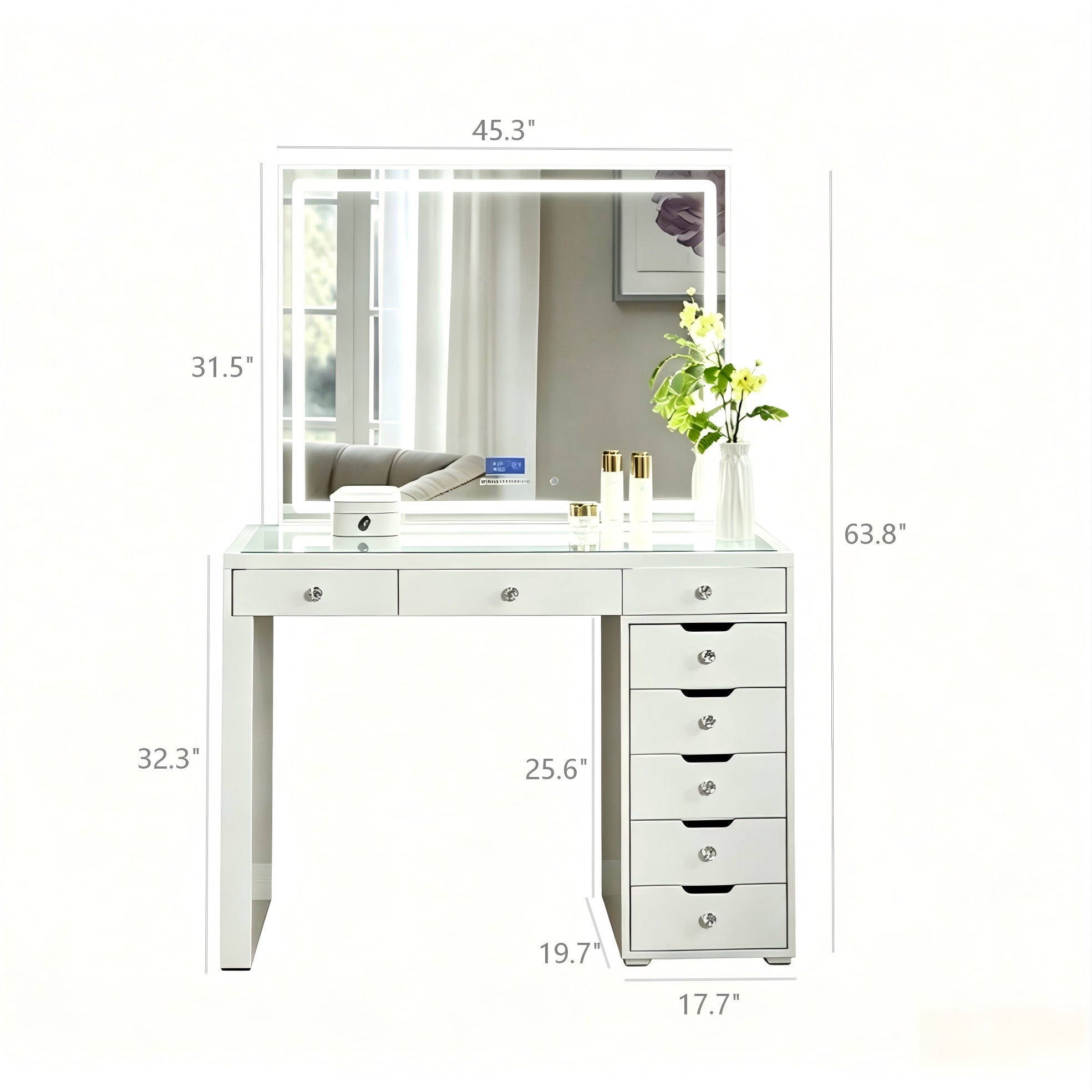 Makeup Vanity Desk With LED Lighted Mirror, 9 Drawers For Bedroom - Gloss White