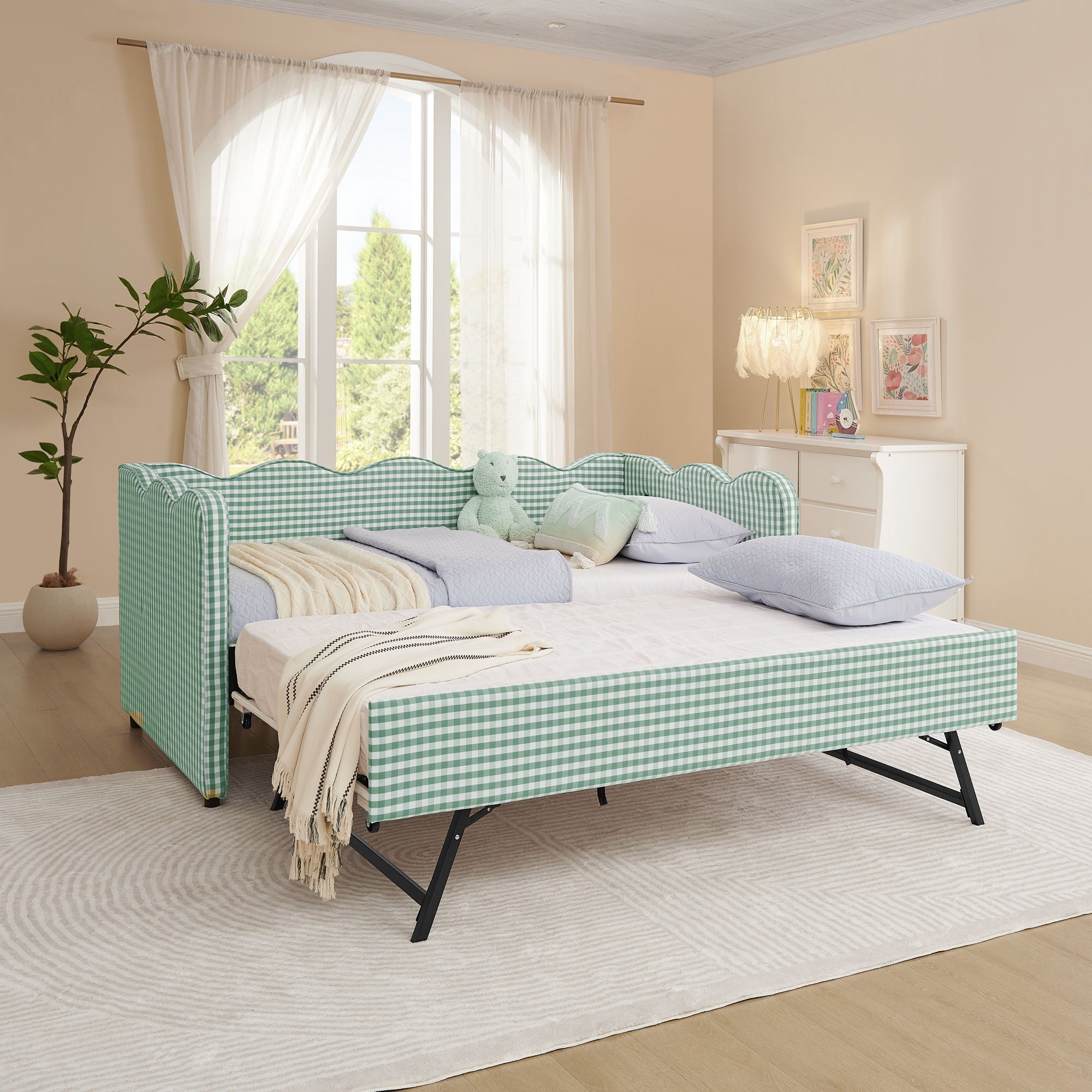 Gingham Daybed With USB Charging Port, Wave Shaped Design