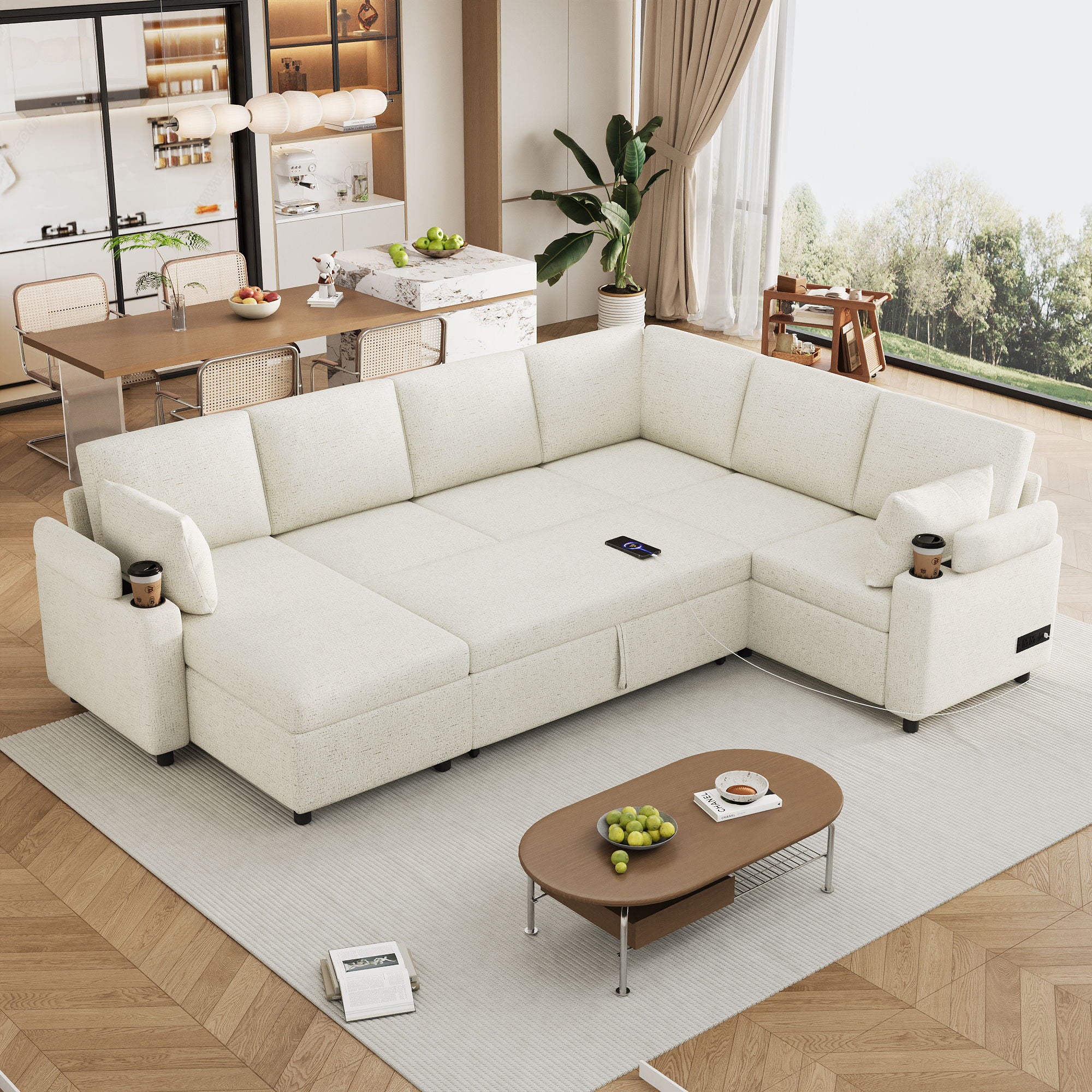 U-Shaped Sectional Sleeper Sofa With Ample Storage Space, 2 Cup Holders And Charging Ports For Living Room