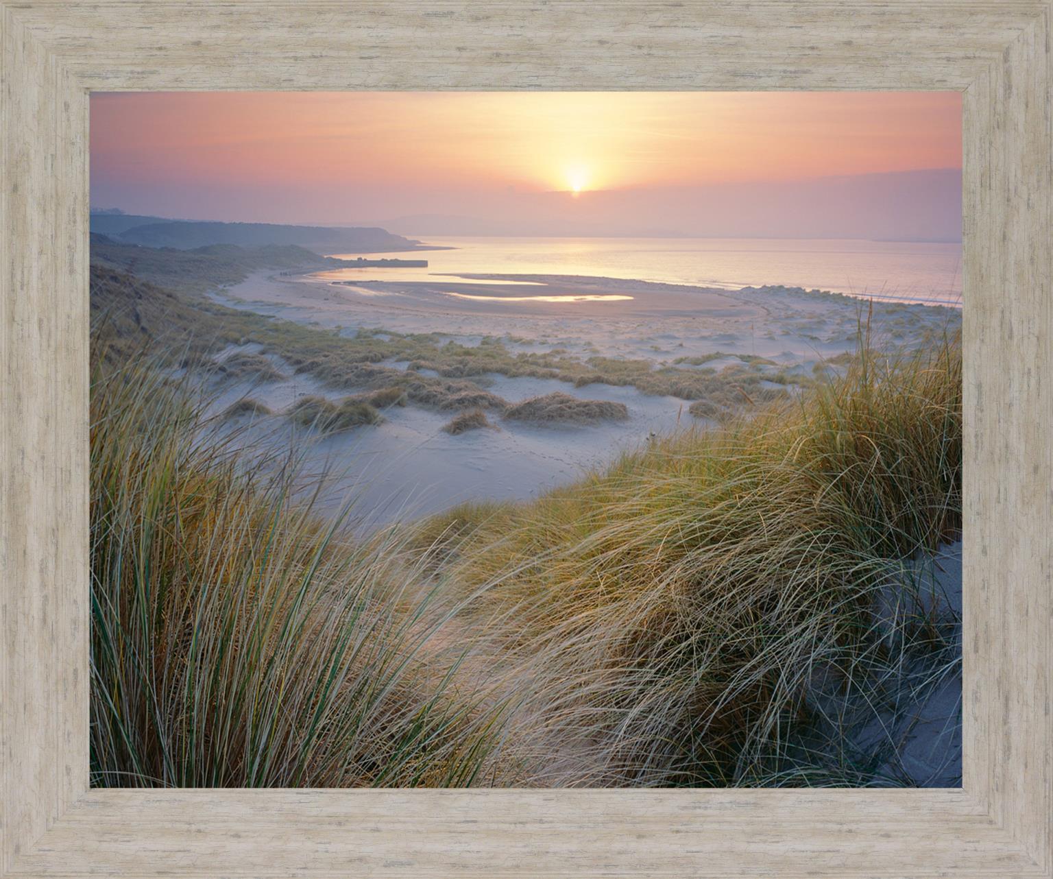Misty Shoreline Glow - 28" x 34" Framed Wall Art - Light Blue