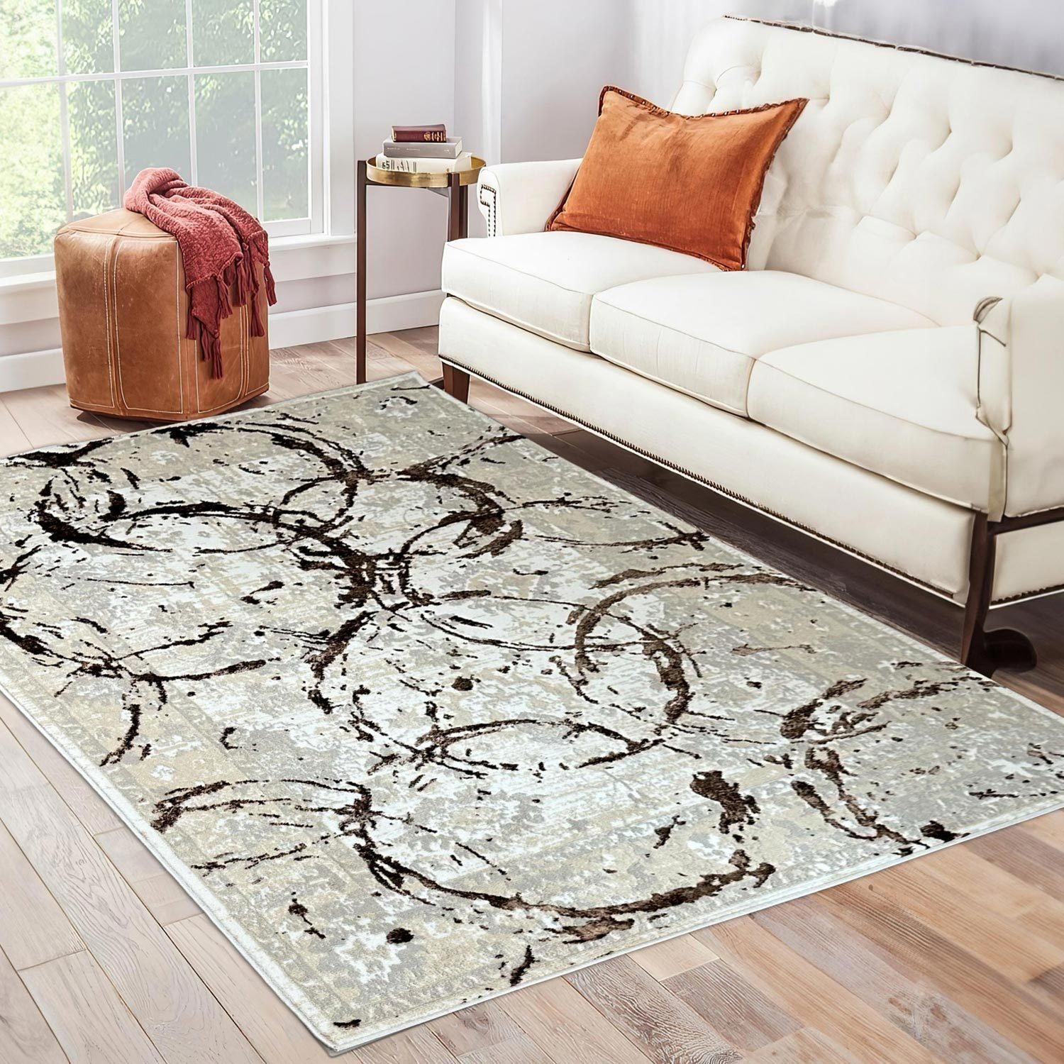 Penina Luxury Area Rug in Beige and Gray with Bronze Circles Abstract Design